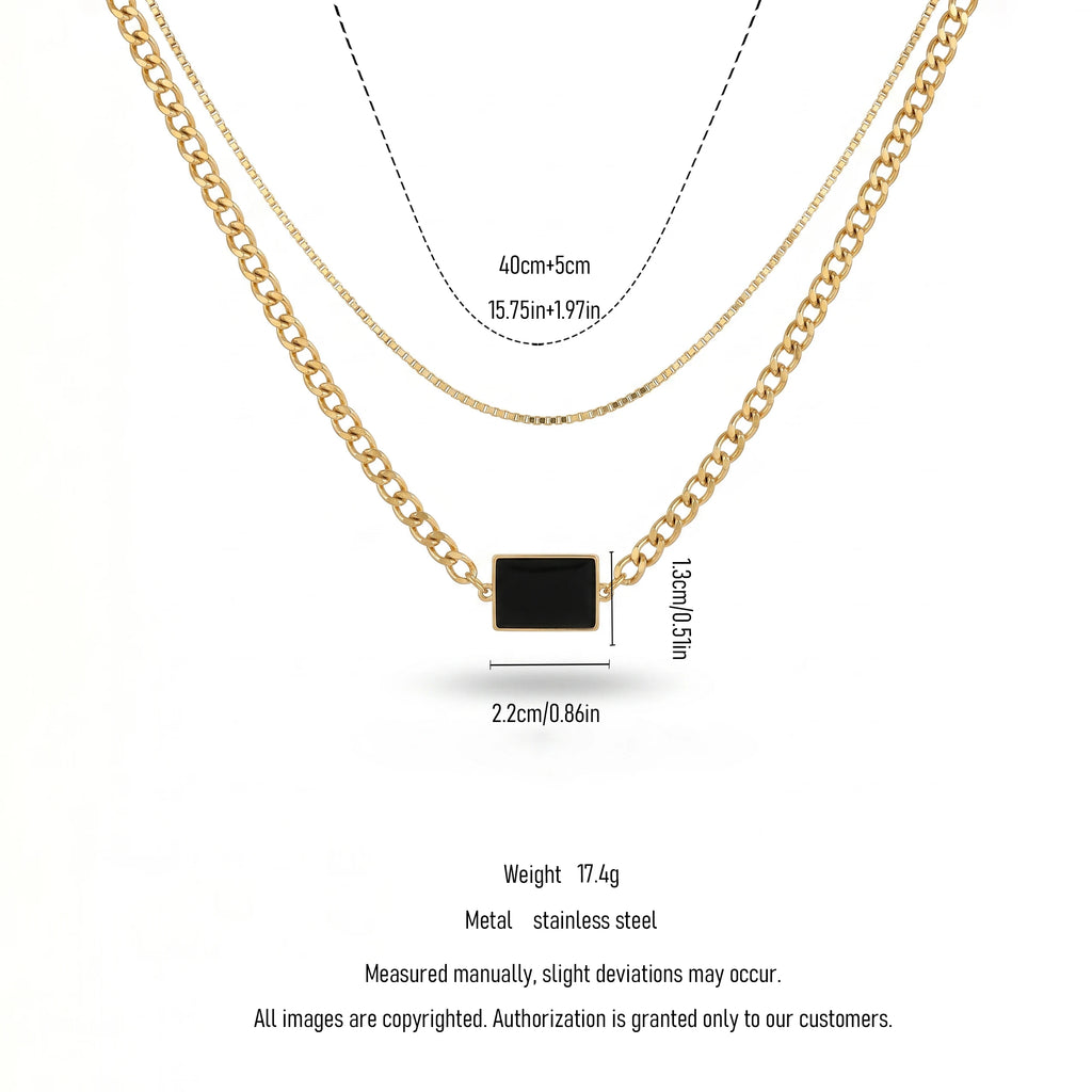 QIAOREN 11778 Minimalist Dual Layer Black Rectangular Pendant Necklace Gold Stainless Steel Curb Box Chain Jewelry for Western