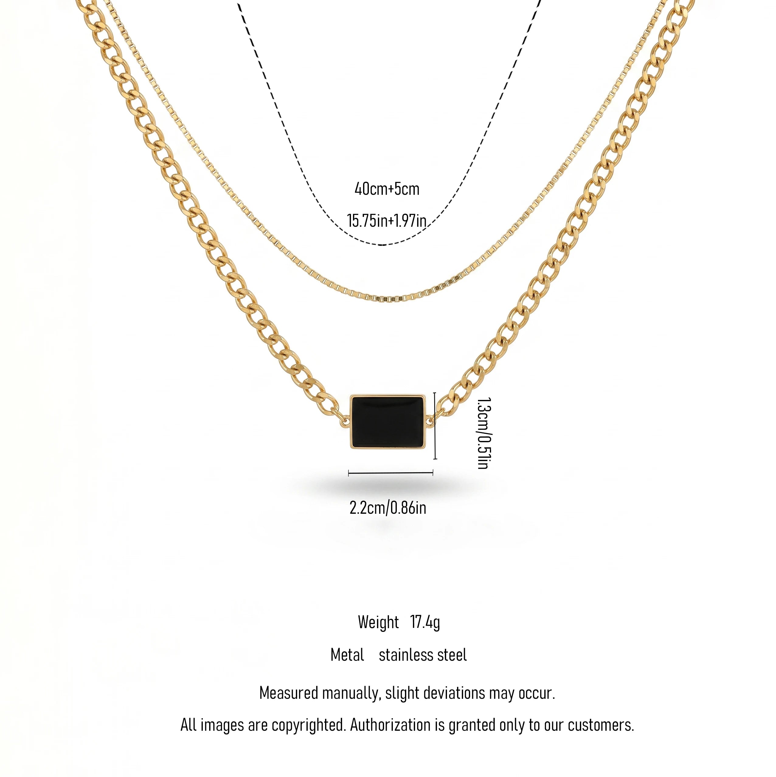 QIAOREN 11778 Minimalist Dual Layer Black Rectangular Pendant Necklace Gold Stainless Steel Curb Box Chain Jewelry for Western