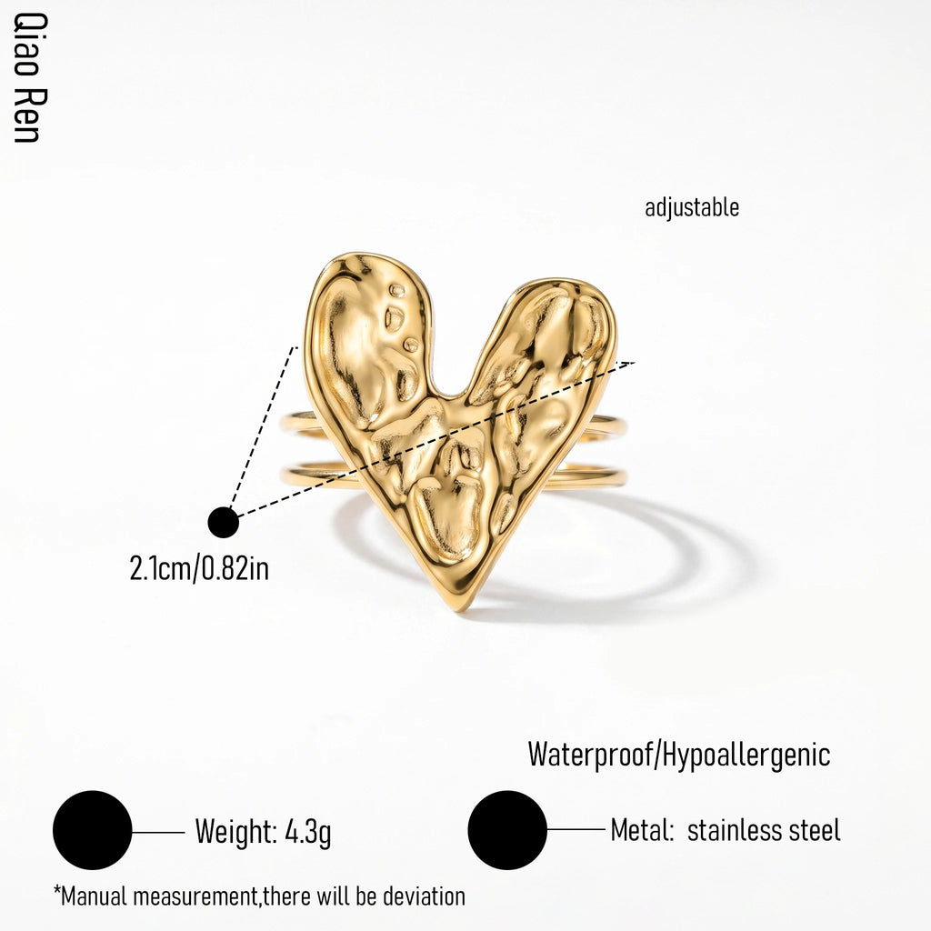 QIAOREN 14279-83 Vintage Hammered Heart Open Cuff Ring Set, Adjustable Stackable Stainless Steel Statement Rings