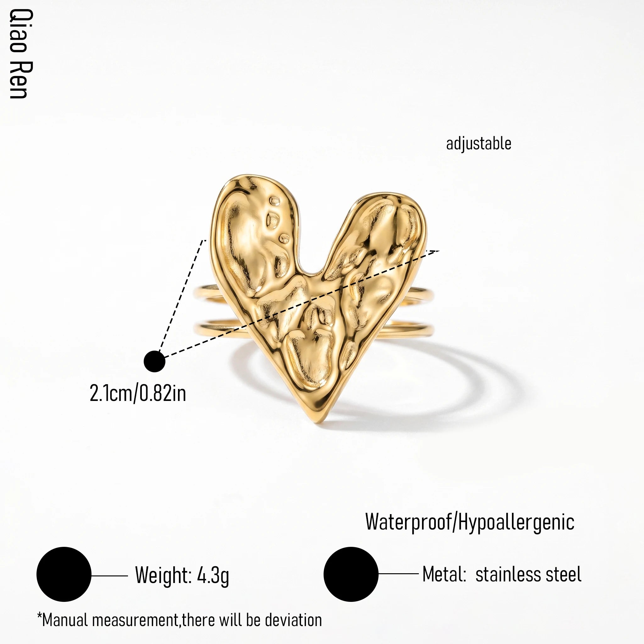 QIAOREN 14279-83 Vintage Hammered Heart Open Cuff Ring Set, Adjustable Stackable Stainless Steel Statement Rings