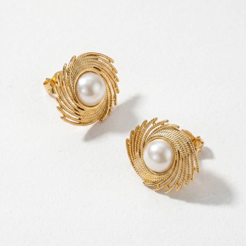 QIAOREN 12261 Elegant Baroque Pearl Galaxy Swirl Earrings Gold Stainless Steel Etched Openwork Studs Statement Jewelry Gift EU