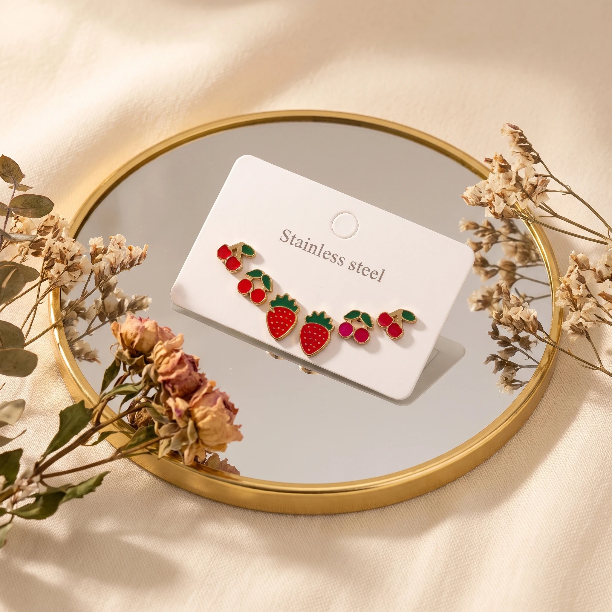 QIAOREN 14515 Waterproof Stainless Steel Fruit Stud Earrings Strawberry Cherry Enamel Earrings Hypoallergenic Jewelry Women