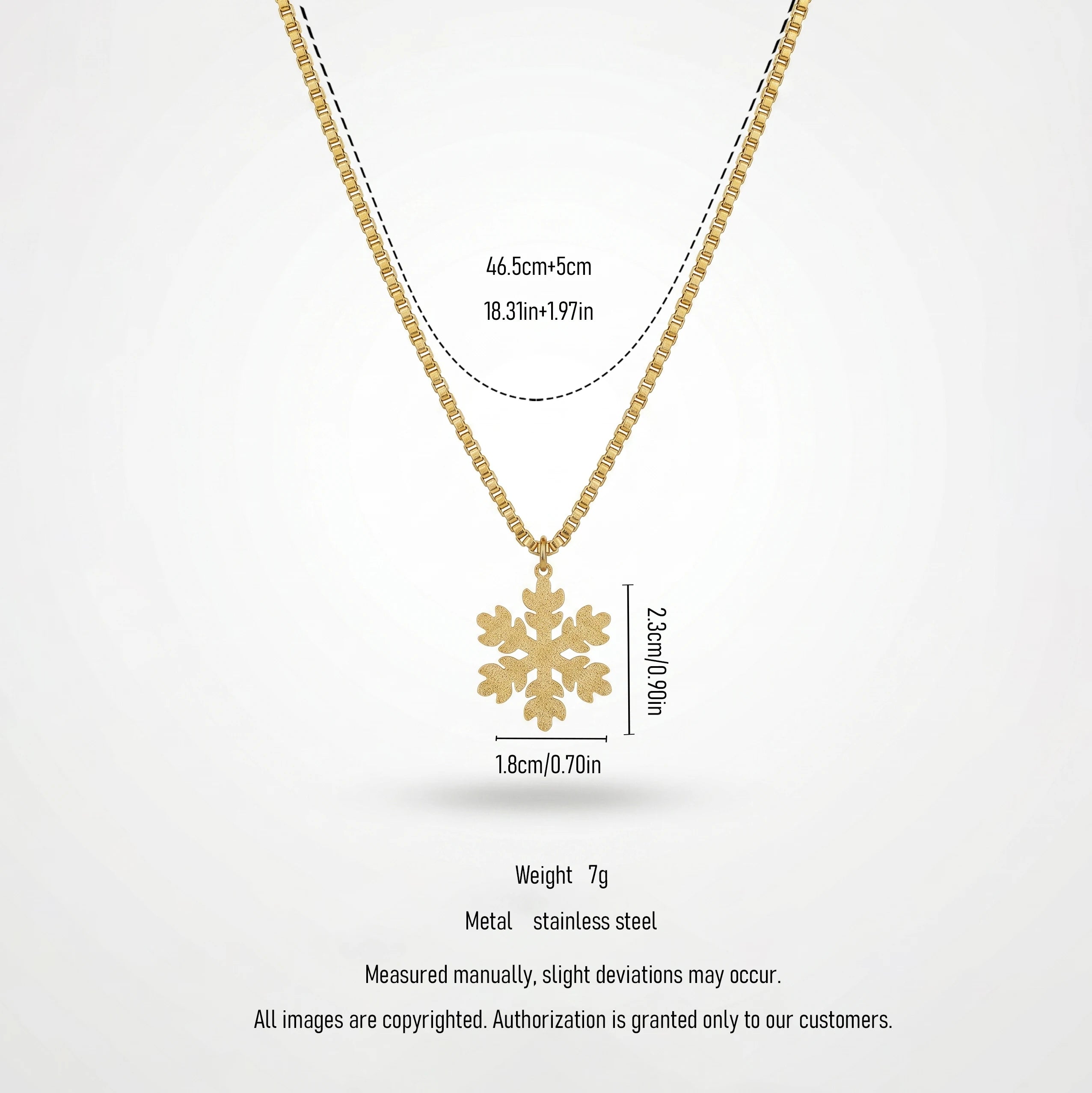 QIAOREN 11810 Waterproof Matte Snowflake Box Chain Necklace 18K Gold Stainless Steel All-Season Beach & Daily Use Jewelry