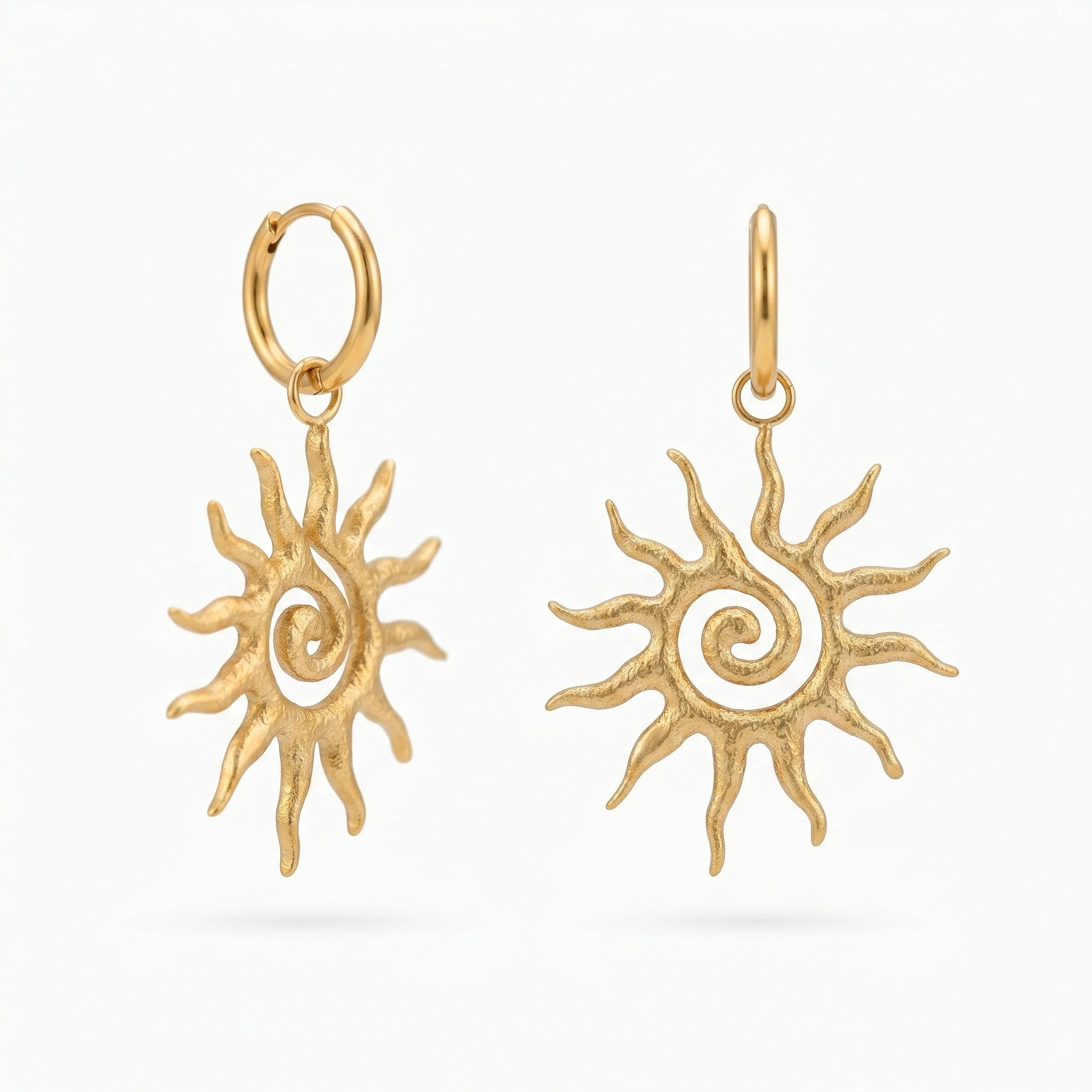 QIAOREN 10743 18K Gold Plated Stainless Steel Sun Spiral Hoop Earrings, Hypoallergenic Bohemian Sunburst Drop Earrings for Women