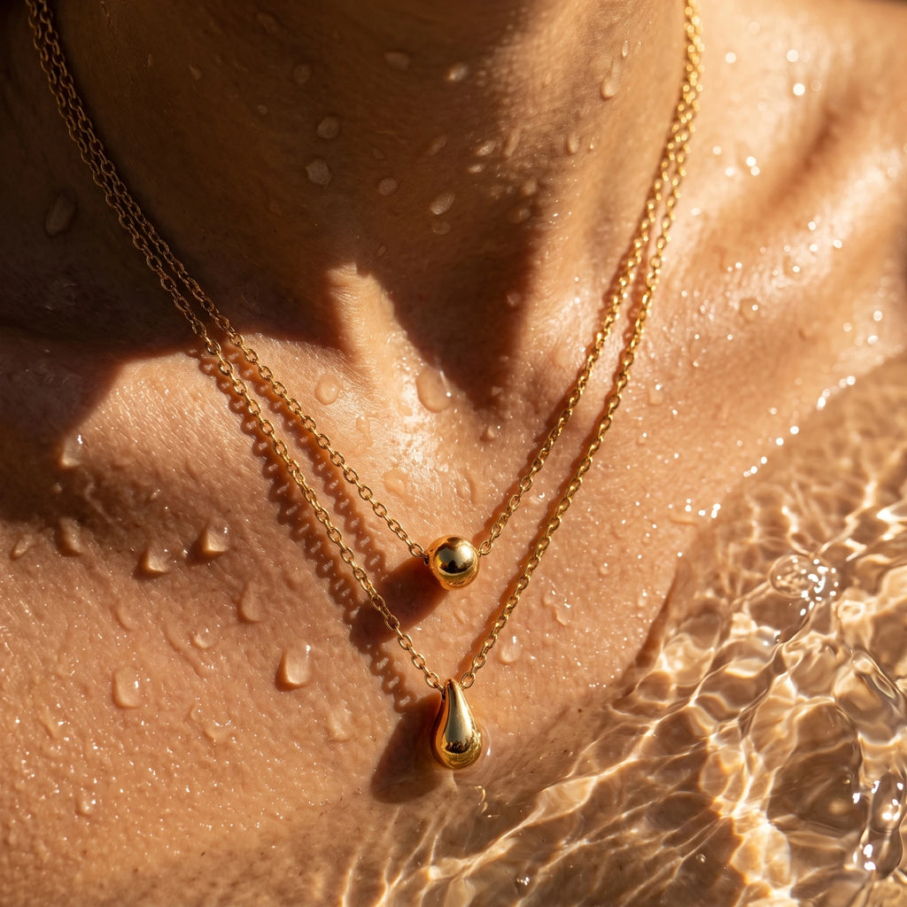 QIAOREN 10582 Water Drop Bead Double Layer Necklace 18K Gold Plated Stainless Steel Waterproof Tarnish Free Trendy Jewelry