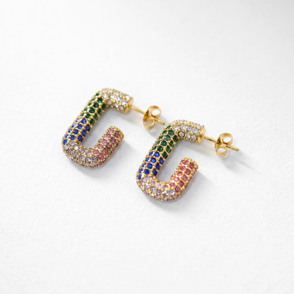 QIAOREN 12426 Elegant Quiet Luxury Colorful Crystal U Shaped Hoops Gold Stainless Steel Rainbow Micro-Pave Statement Earrings