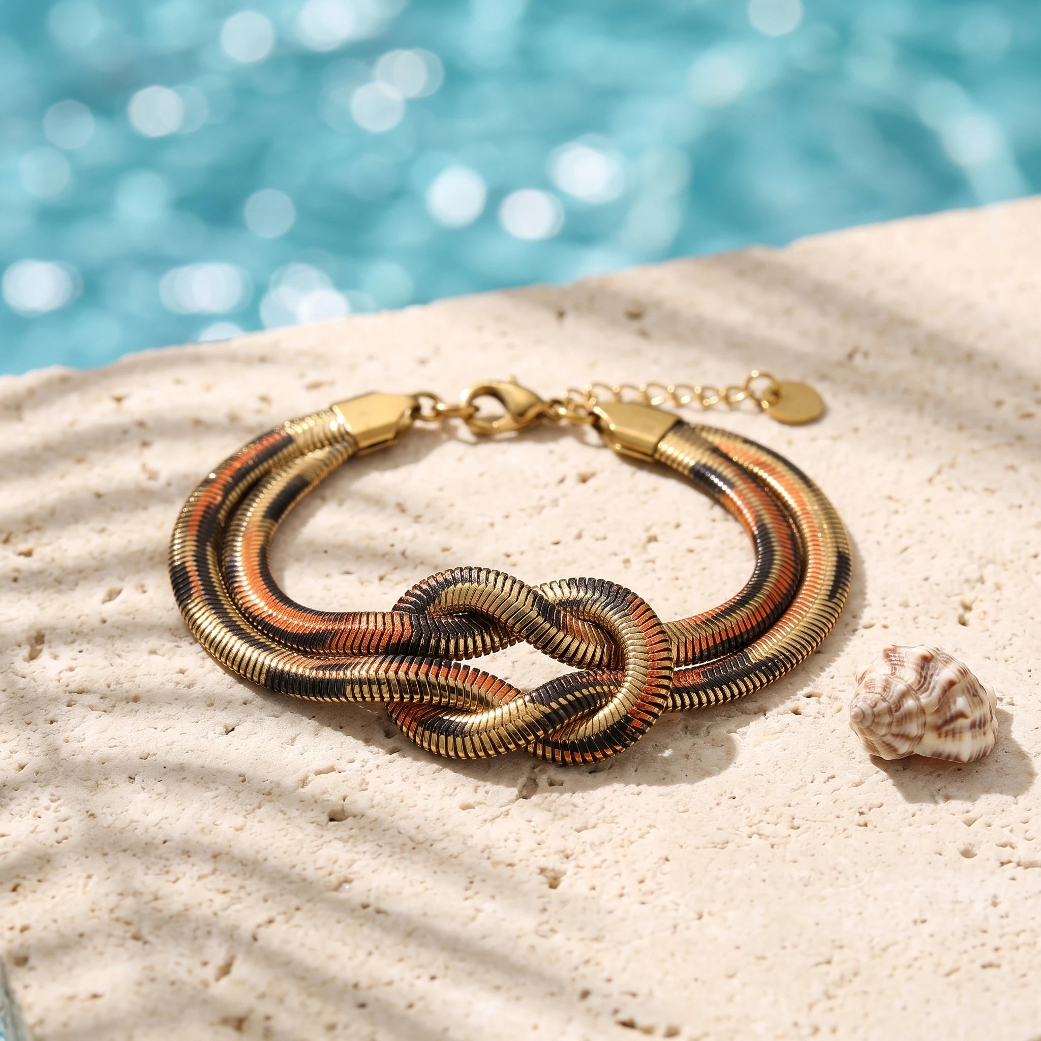 QIAOREN 13849-50 Stainless Steel Two Tone Knot Snake Chain Bracelet Waterproof Hypoallergenic Statement Jewelry Women
