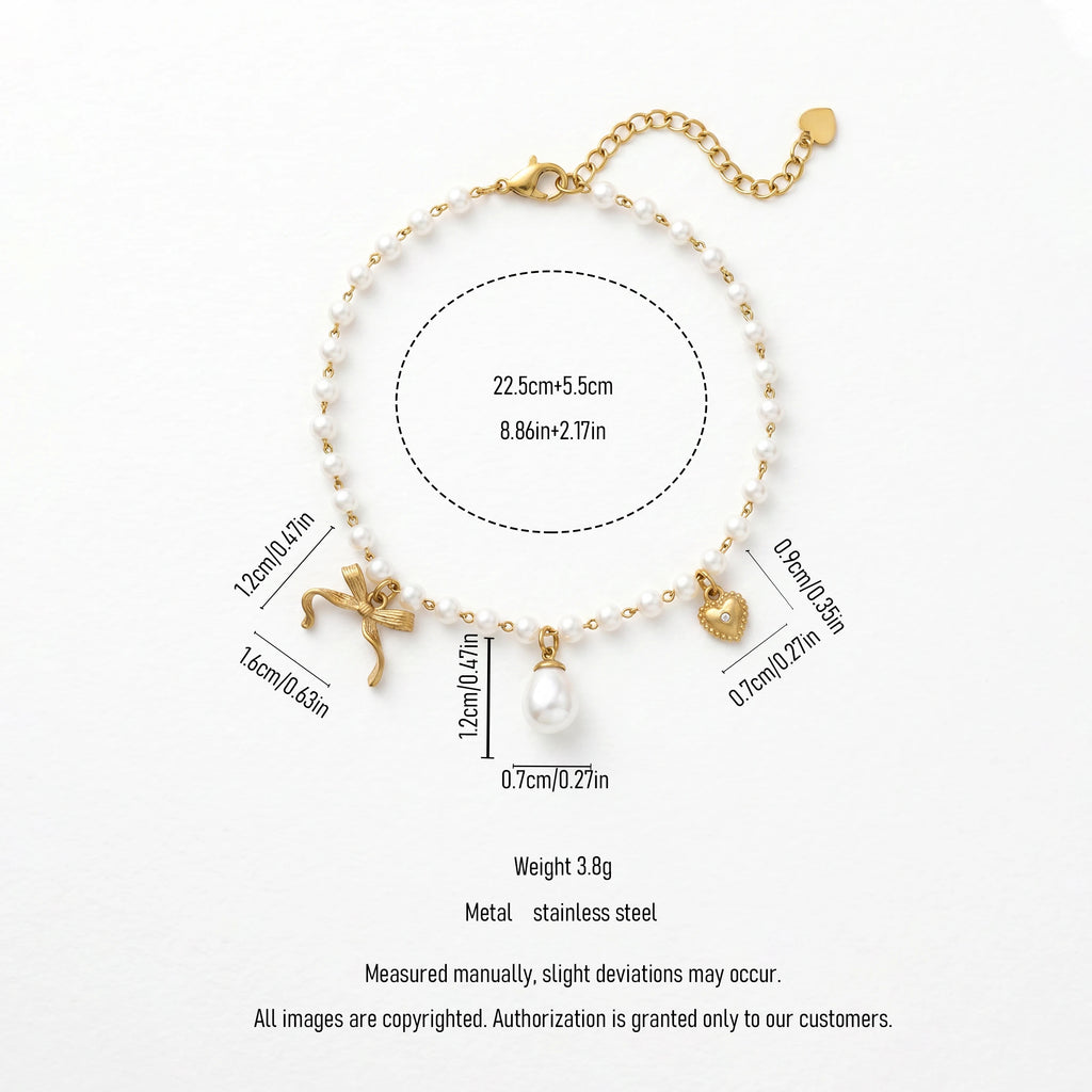 QIAOREN 13325 Dainty Pearl Anklet with Bow, Teardrop Pearl & Rhinestone Heart Charms, Elegant Sweet Foot Jewelry Gift