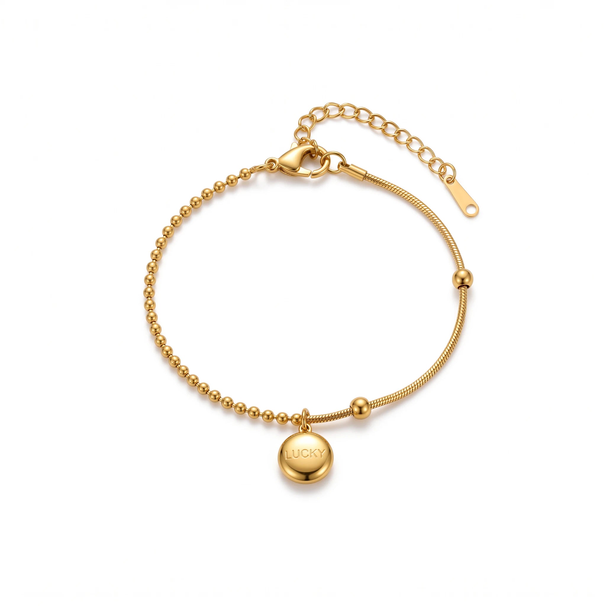 QIAOREN 13771 Asymmetric Dual Link Bracelet with Ball Bead Chain & Snake Wire Mixed Design, Engraved LUCKY Round Disc Charm