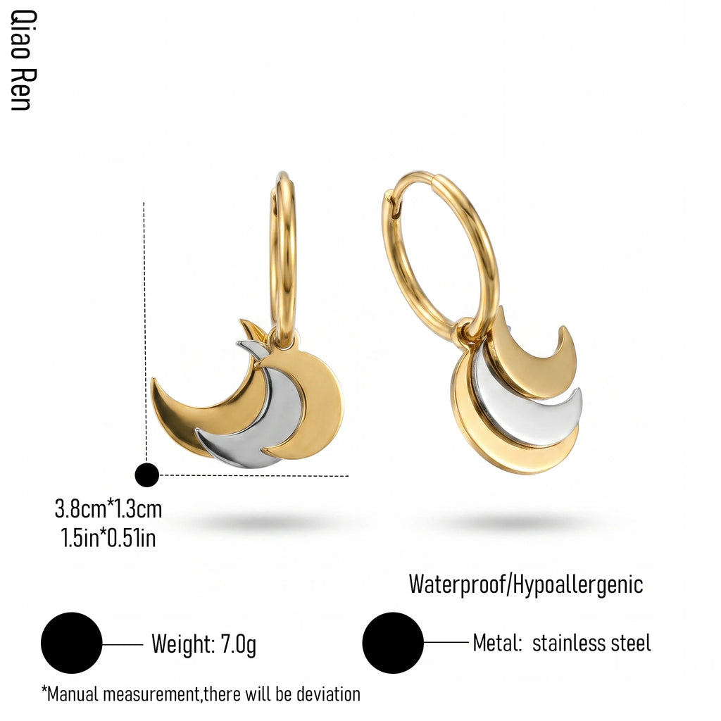 QIAOREN 14425 Two Tone Triple Crescent Moon Charm Huggie Hoop Earrings, Stainless Steel Small Hoop Earrings Jewelry Gift