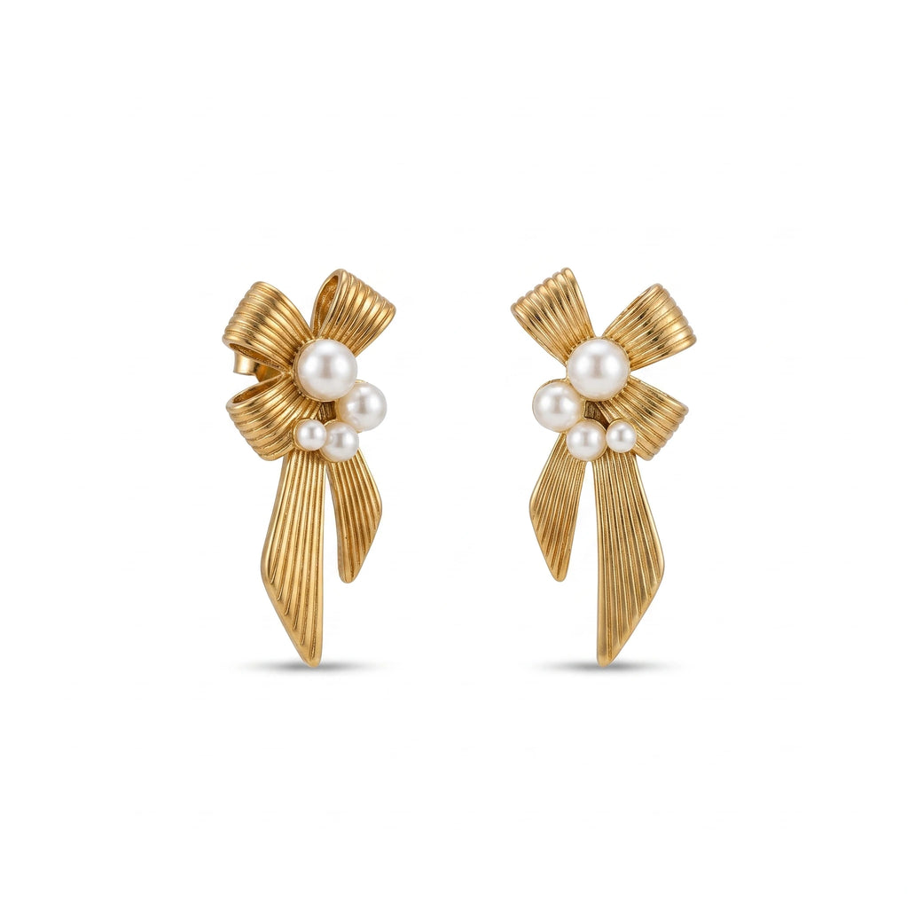 QIAOREN 12272 Waterproof Tarnish Free Ribbed Bow Earrings Gold Stainless Steel 5-Pearl Cluster Draping Bowknot Jewelry US EU