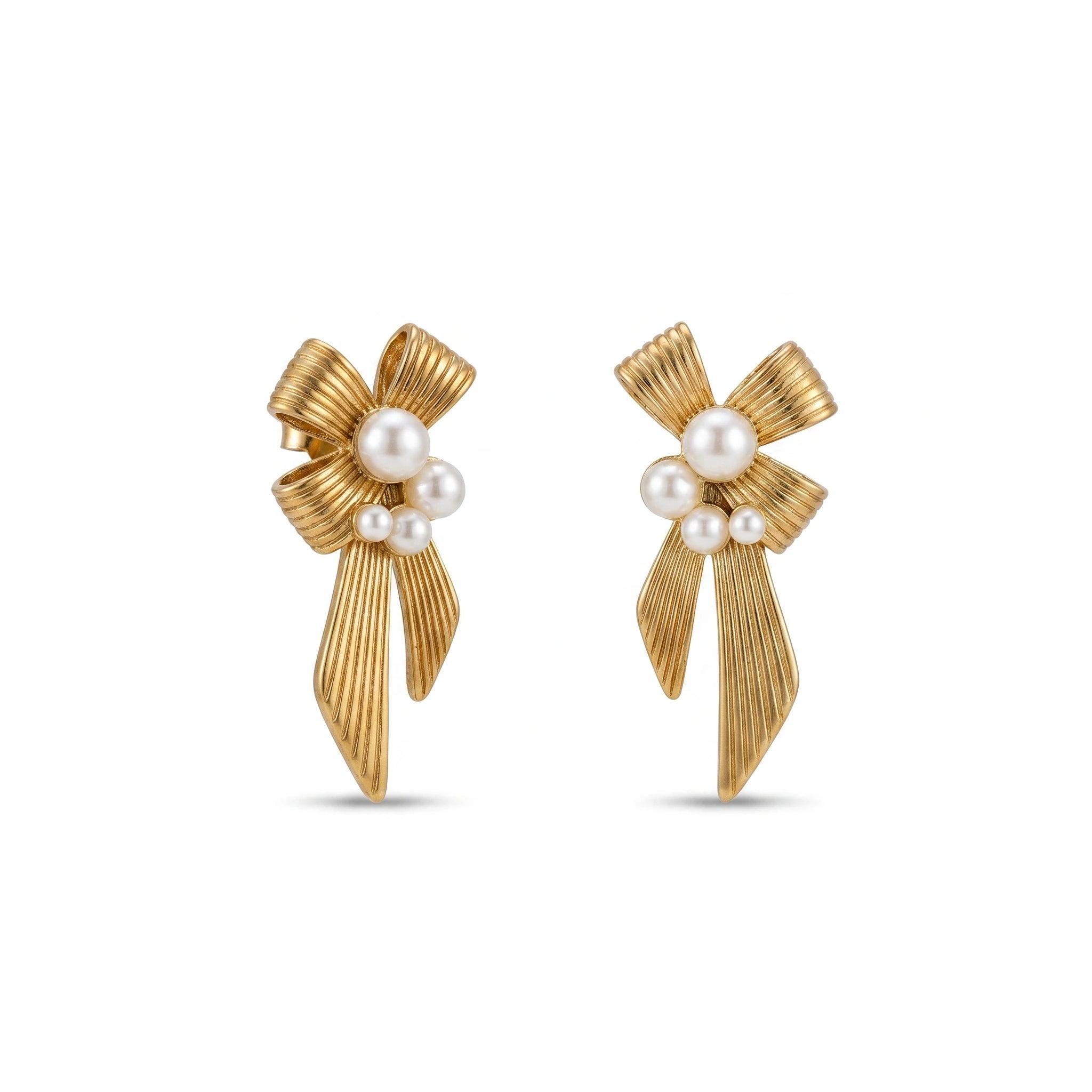 QIAOREN 12272 Waterproof Tarnish Free Ribbed Bow Earrings Gold Stainless Steel 5-Pearl Cluster Draping Bowknot Jewelry US EU