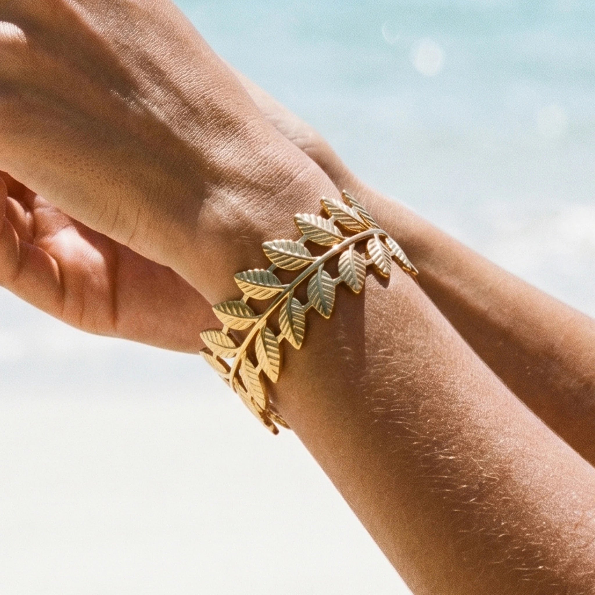 QIAOREN 11886 Boho Beach Laurel Leaf Cuff Bracelet 18K Gold Stainless Steel Greek Olive Branch Open Bangle Vacation Jewelry