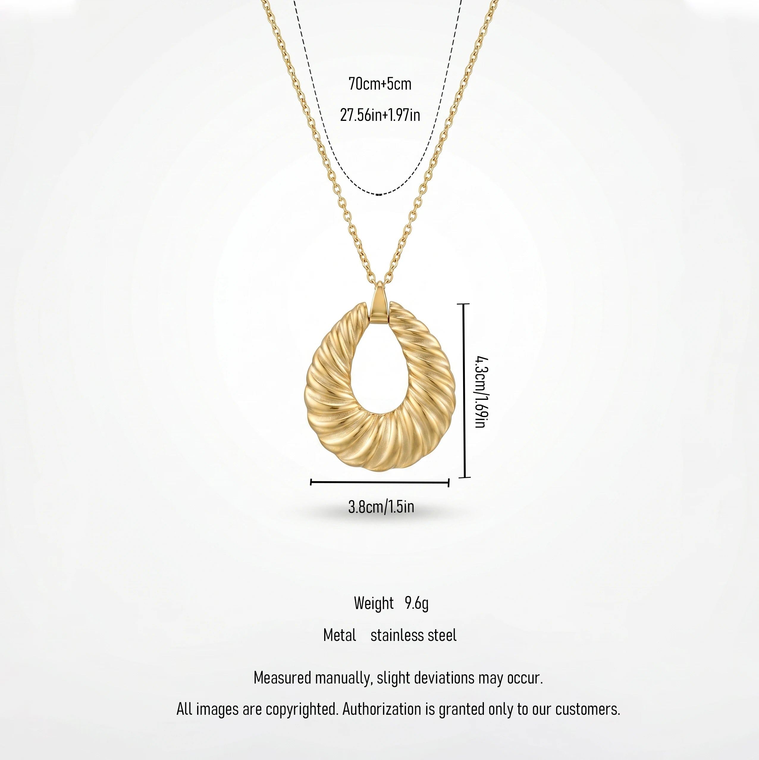 QIAOREN 12878 18K Gold Plated Ribbed Croissant Teardrop Necklace, Waterproof Tarnish Free Stainless Steel Statement Jewelry