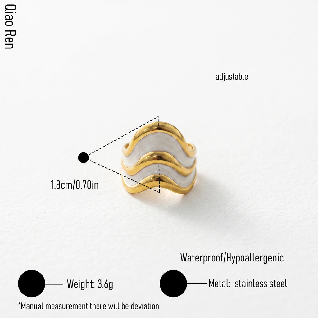QIAOREN 14232-38 White Enamel Irregular Wave Open Ring Set, Abstract Curved Adjustable Stackable Ring Jewelry Gift