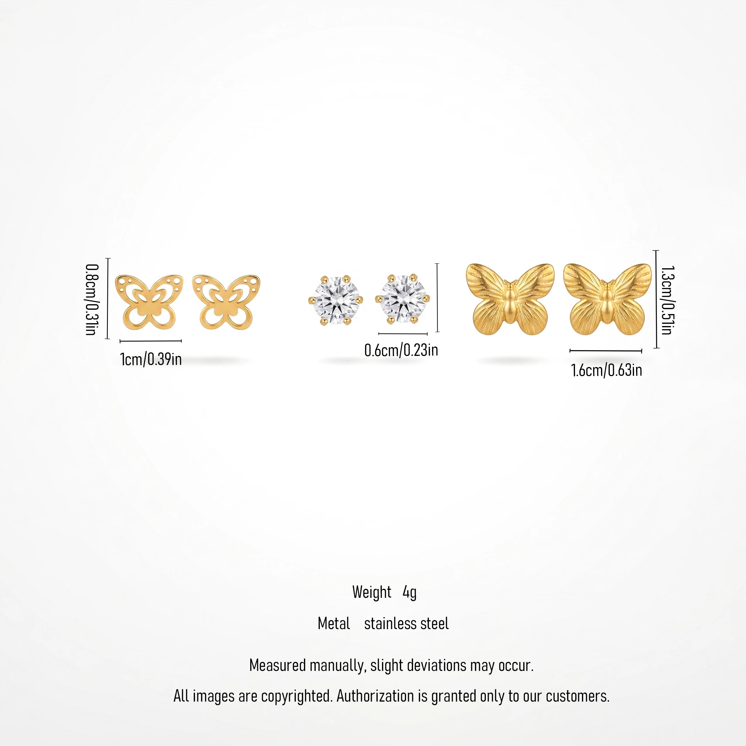 QIAOREN 13252 3 PCS Set 18K Gold Plated Stainless Steel Butterfly & CZ Stud Earrings Set Hollow Solid Butterfly Round Zircon