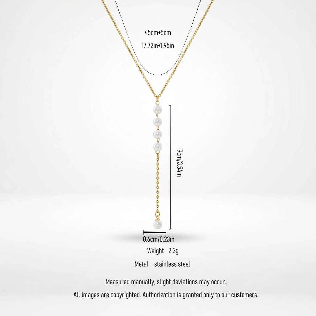 QIAOREN 13161 Gold Plated Pearl Y Necklace Stainless Steel Dainty Lariat Necklace Minimalist Pendant Jewelry for Women