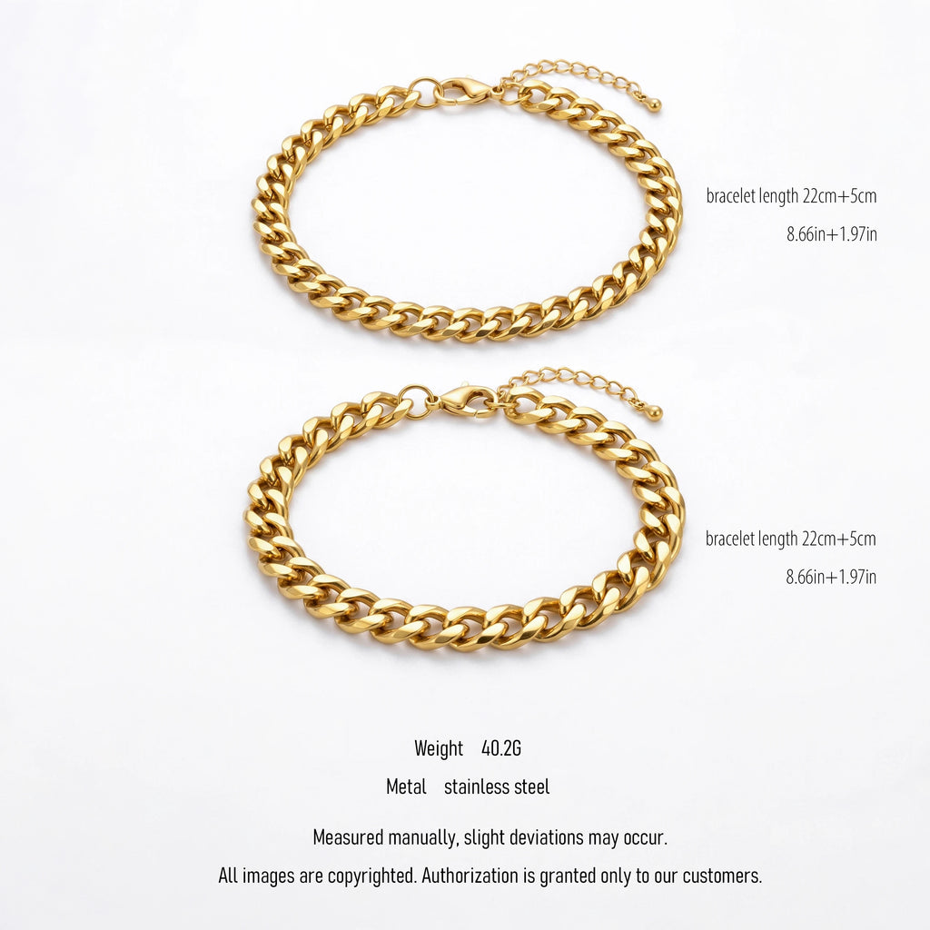 QIAOREN 10645 2PCS Classic Stainless Steel Cuban Link Bracelet Set Gold Plated Party Couple Bracelets for Men Women