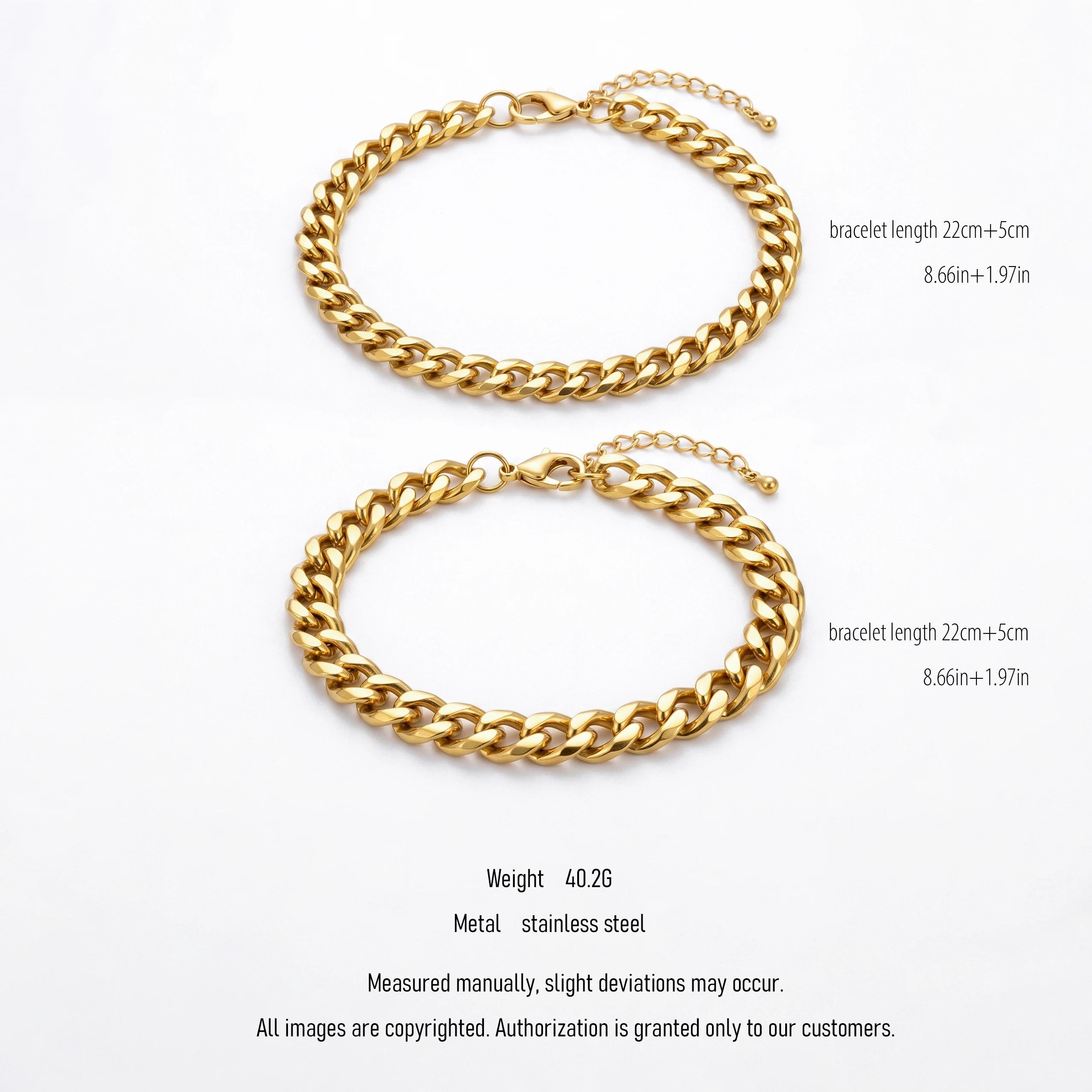 QIAOREN 10645 2PCS Classic Stainless Steel Cuban Link Bracelet Set Gold Plated Party Couple Bracelets for Men Women