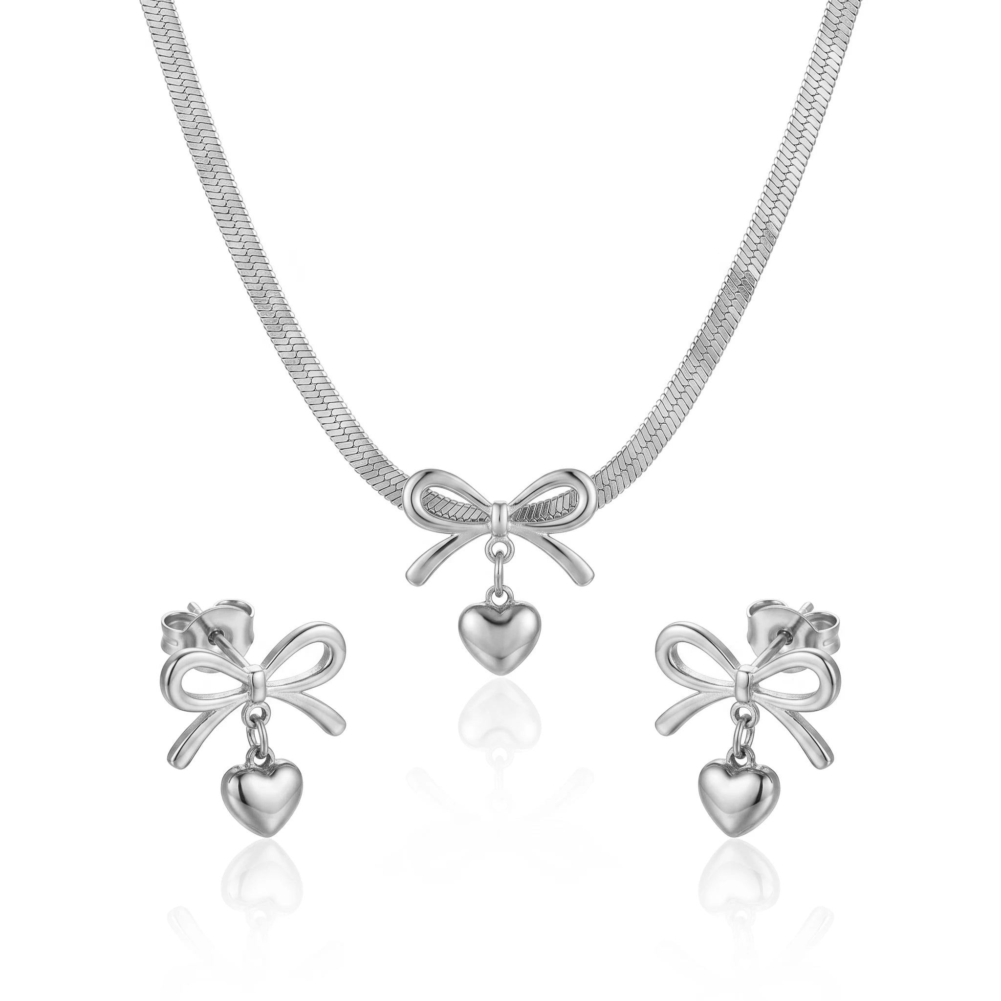 QIAOREN 11686 Tarnish Free 18K Gold Stainless Steel Bow & Heart Jewelry Set Herringbone Necklace & Earrings