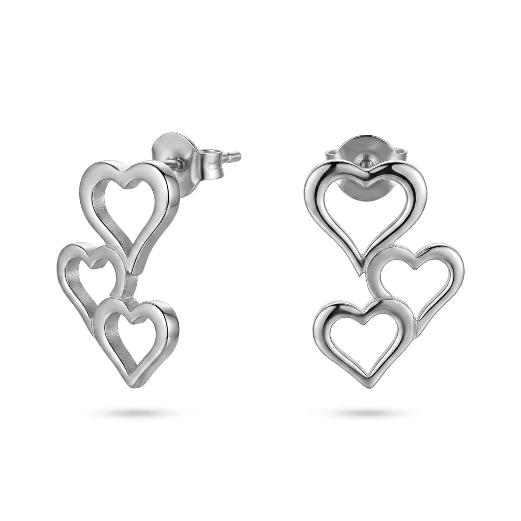QIAOREN 10741 Slim Linked Heart Design Ear Studs, Rustproof Stainless Steel Fashion Fine Jewellery for Daily Dating Party Wear