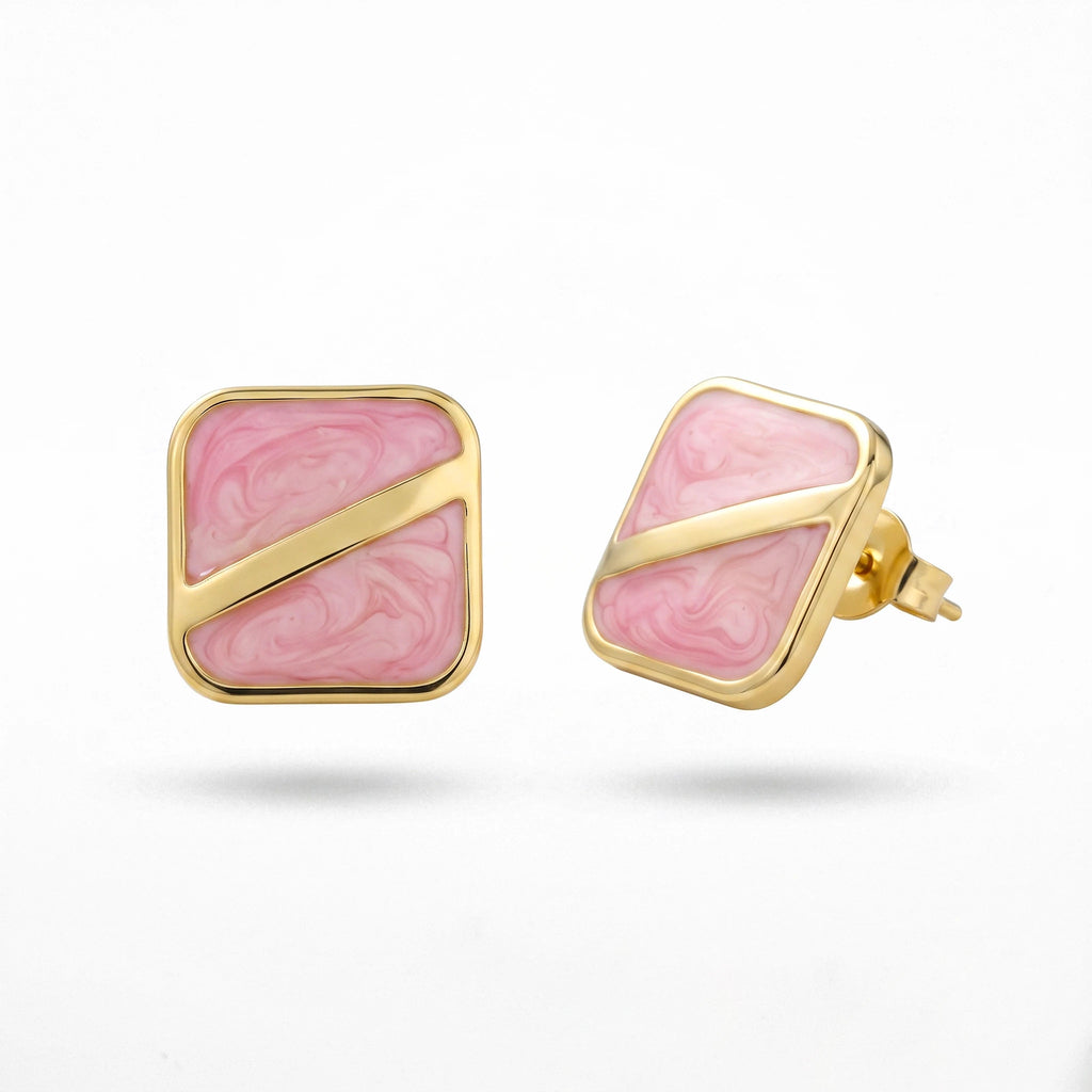 QIAOREN 13642-46 Geometric Square Marble Resin Stud Earring Set, Diagonal Gold Line Gloss Inlay Gold Frame