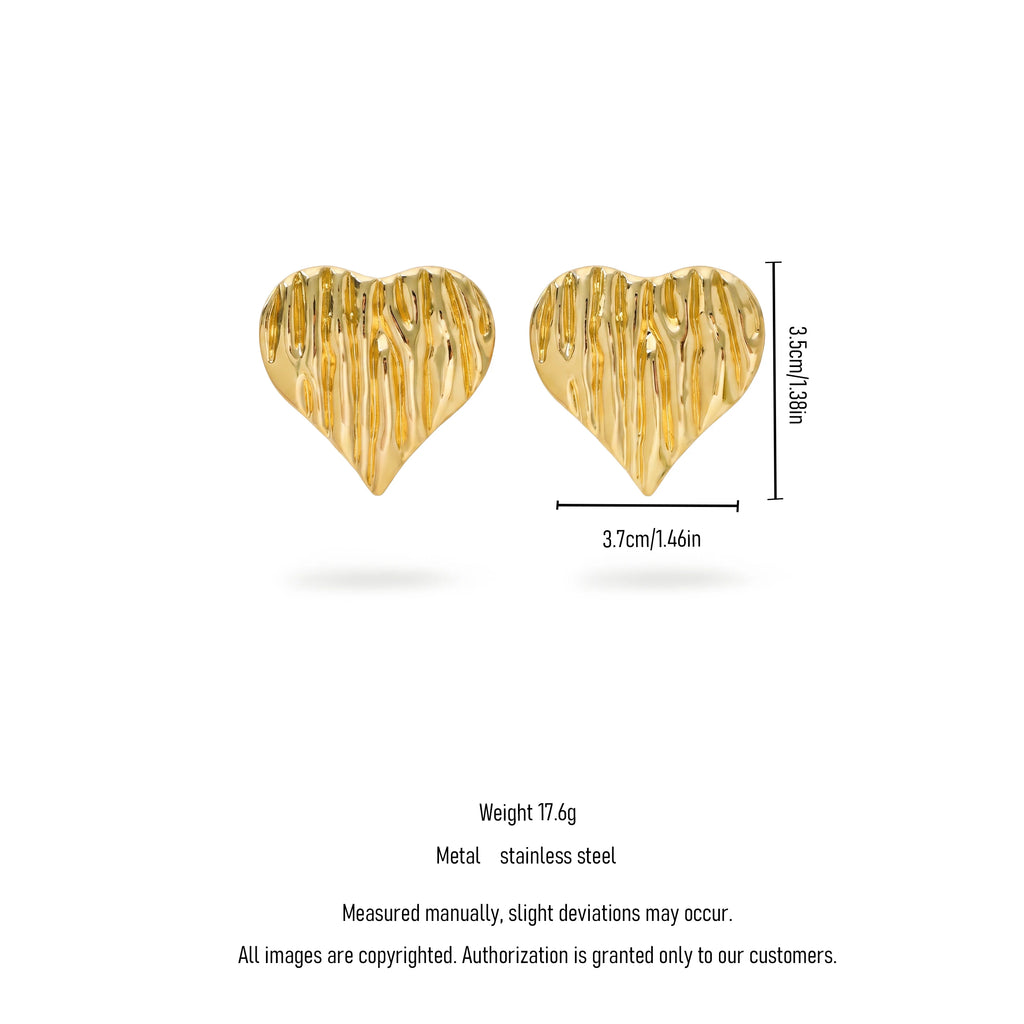 QIAOREN 13258 18K Gold PVD Plated  Stainless Steel Vertical Textured Heart Stud Earrings Irregular Ripple Love Ear Studs