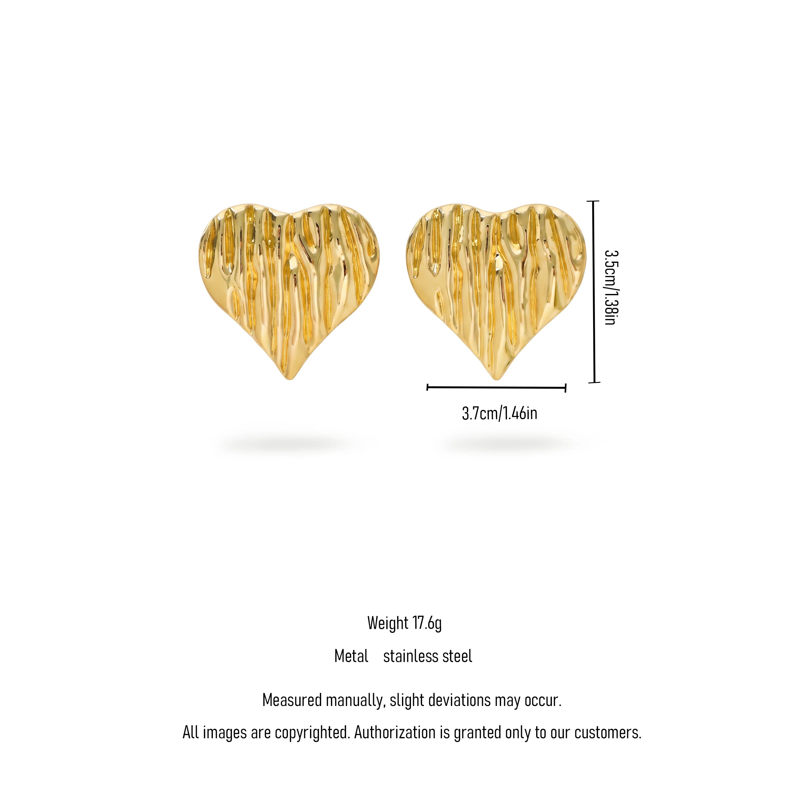 QIAOREN 13258 18K Gold PVD Plated  Stainless Steel Vertical Textured Heart Stud Earrings Irregular Ripple Love Ear Studs