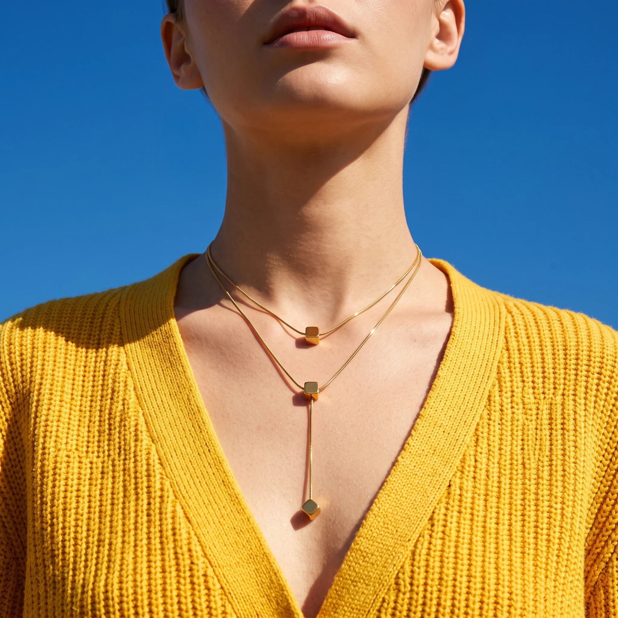 QIAOREN 13466 Minimalist Double Layer Snake Chain Necklace with Sliding Square Cube Pendants, Dainty Y Drop Neck Jewelry Gift