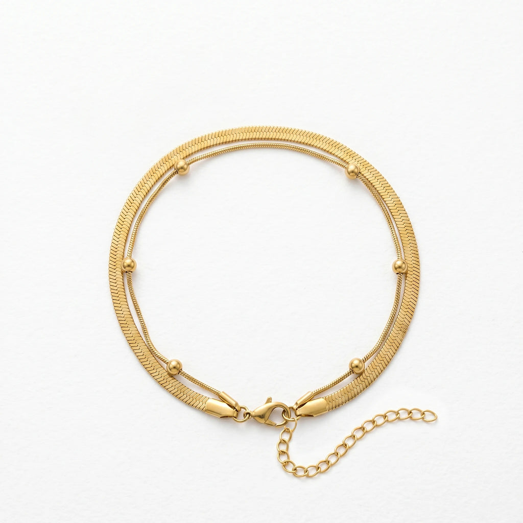 QIAOREN 11043 Double Layer Gold Anklet Stainless Steel Waterproof Snake Chain Beach Foot Jewelry for Women