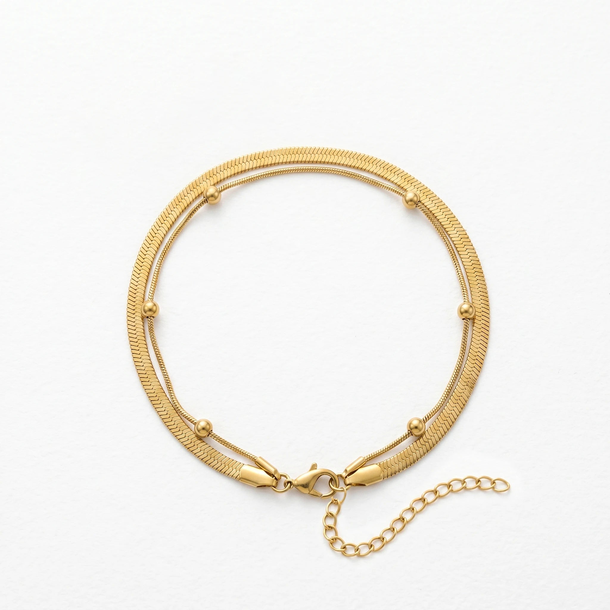 QIAOREN 11043 Double Layer Gold Anklet Stainless Steel Waterproof Snake Chain Beach Foot Jewelry for Women
