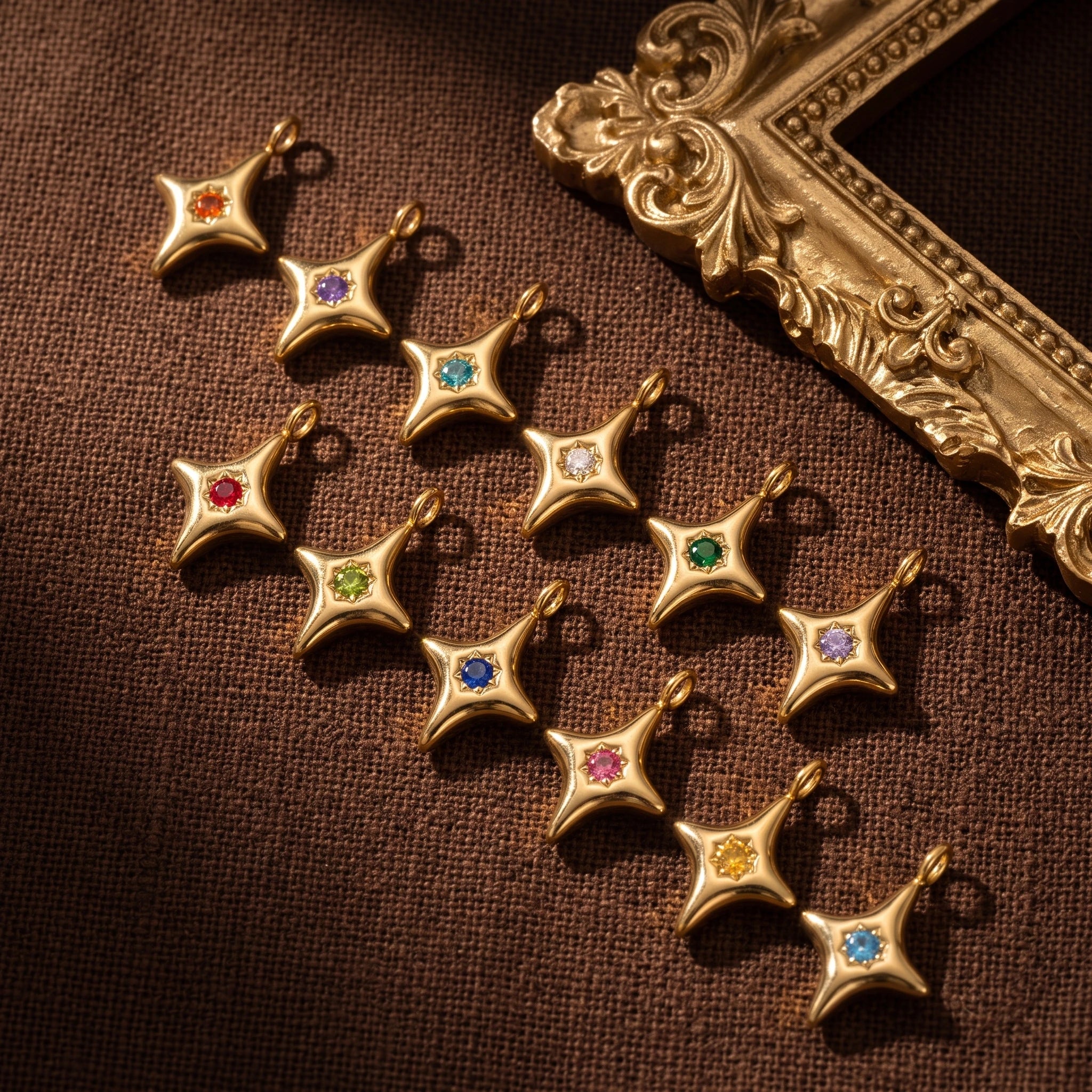 QIAOREN 13894-905 Birthstone Bezel Set Four Point Star Charm Pendant with Center Round Multicolor CZ Stone for Making DIY
