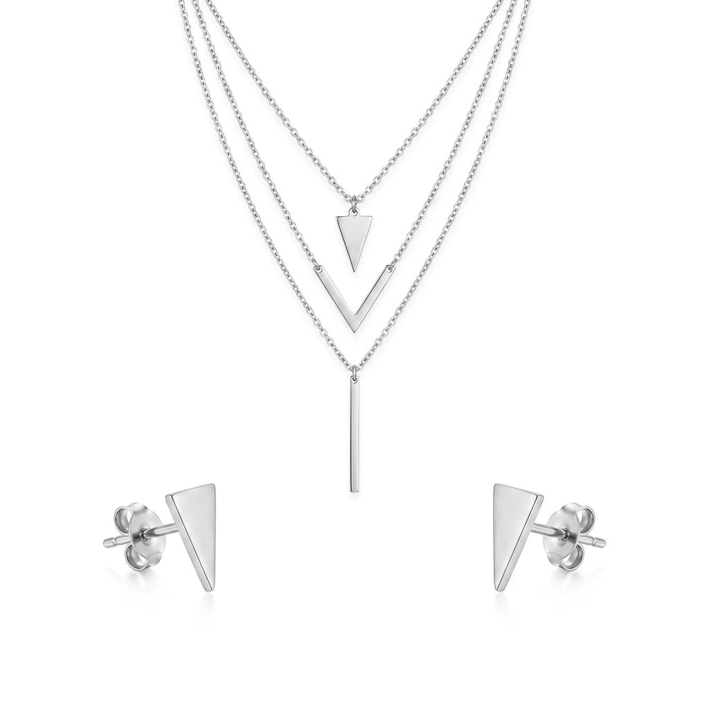QIAOREN 11569 18K Gold Plated Stainless Steel Layered Necklace Earrings Set, Minimalist V Shape Triangle Vertical Bar Jewelry