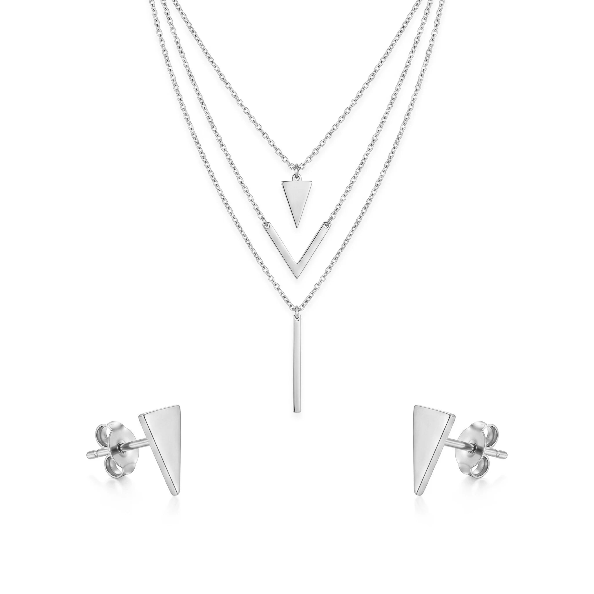 QIAOREN 11569 18K Gold Plated Stainless Steel Layered Necklace Earrings Set, Minimalist V Shape Triangle Vertical Bar Jewelry
