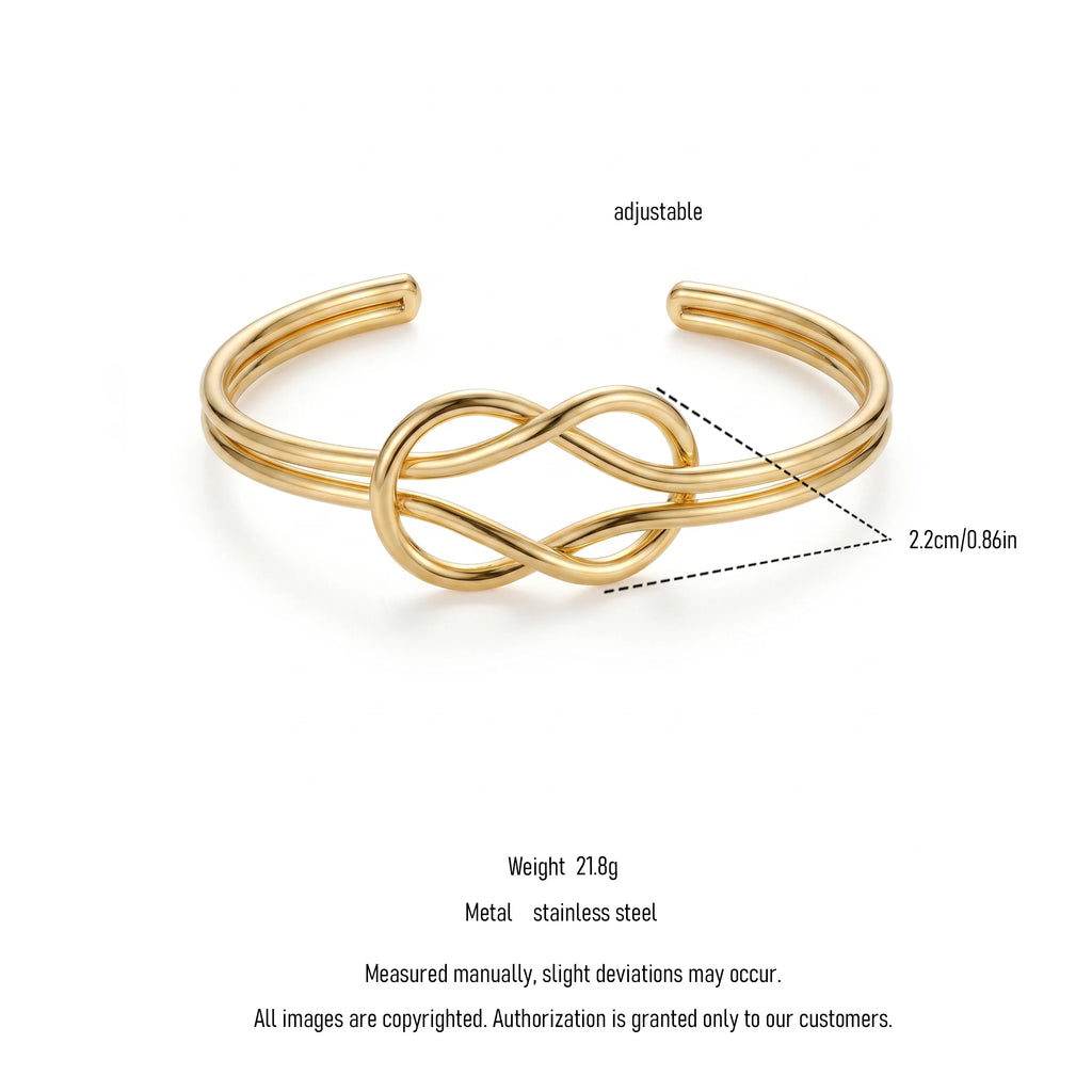 QIAOREN 12676 Trendy Minimalist Interlocked Eternal Knot Wide Cuff Bangle 18K Gold Plated Hypoallergenic Stainless Steel Women's