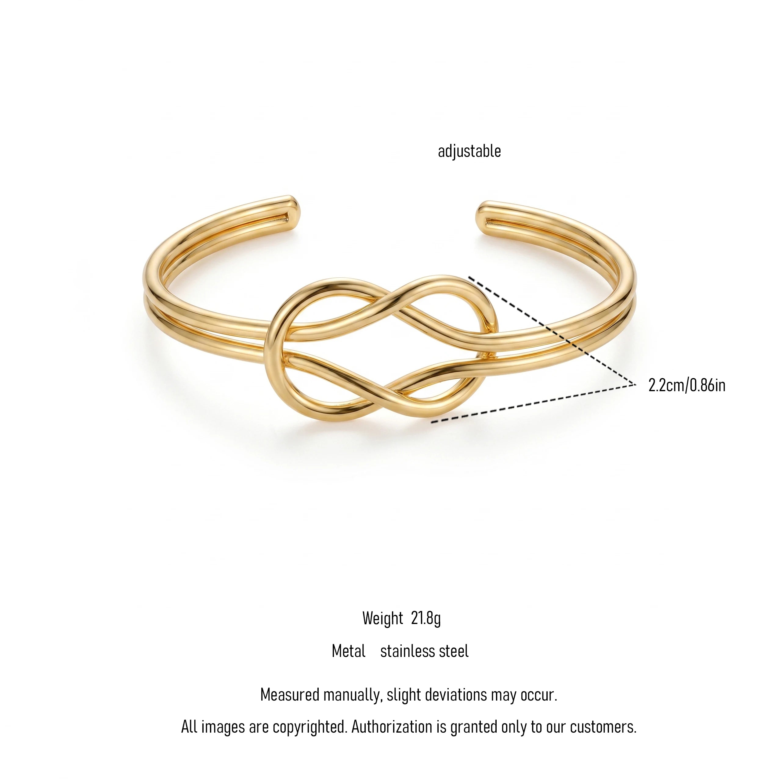 QIAOREN 12676 Trendy Minimalist Interlocked Eternal Knot Wide Cuff Bangle 18K Gold Plated Hypoallergenic Stainless Steel Women's