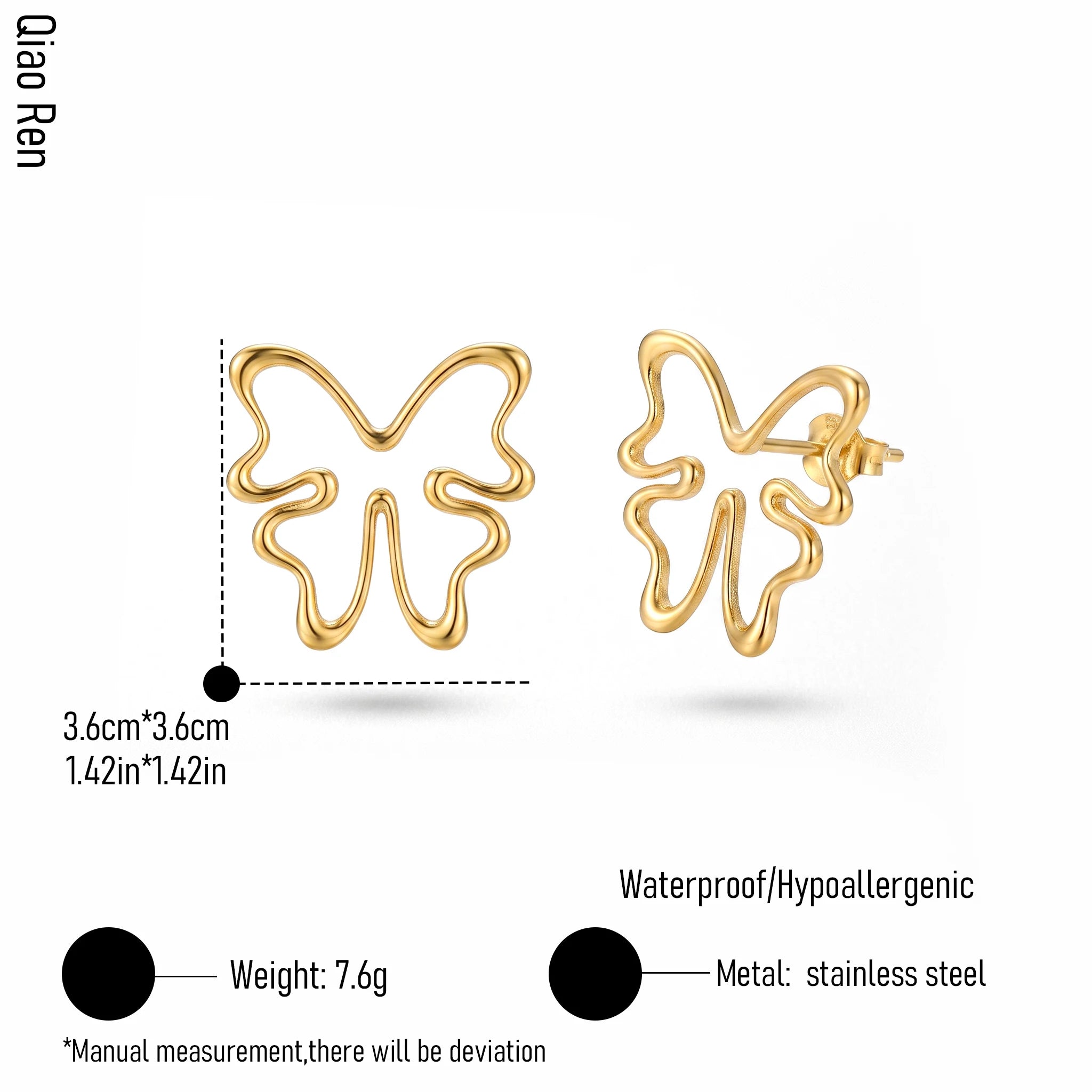 QIAOREN 14067 Abstract Hollow Butterfly Stud Earrings, Wavy Outline Open Butterfly Ear Stud Jewelry Gift for Daily Fashion