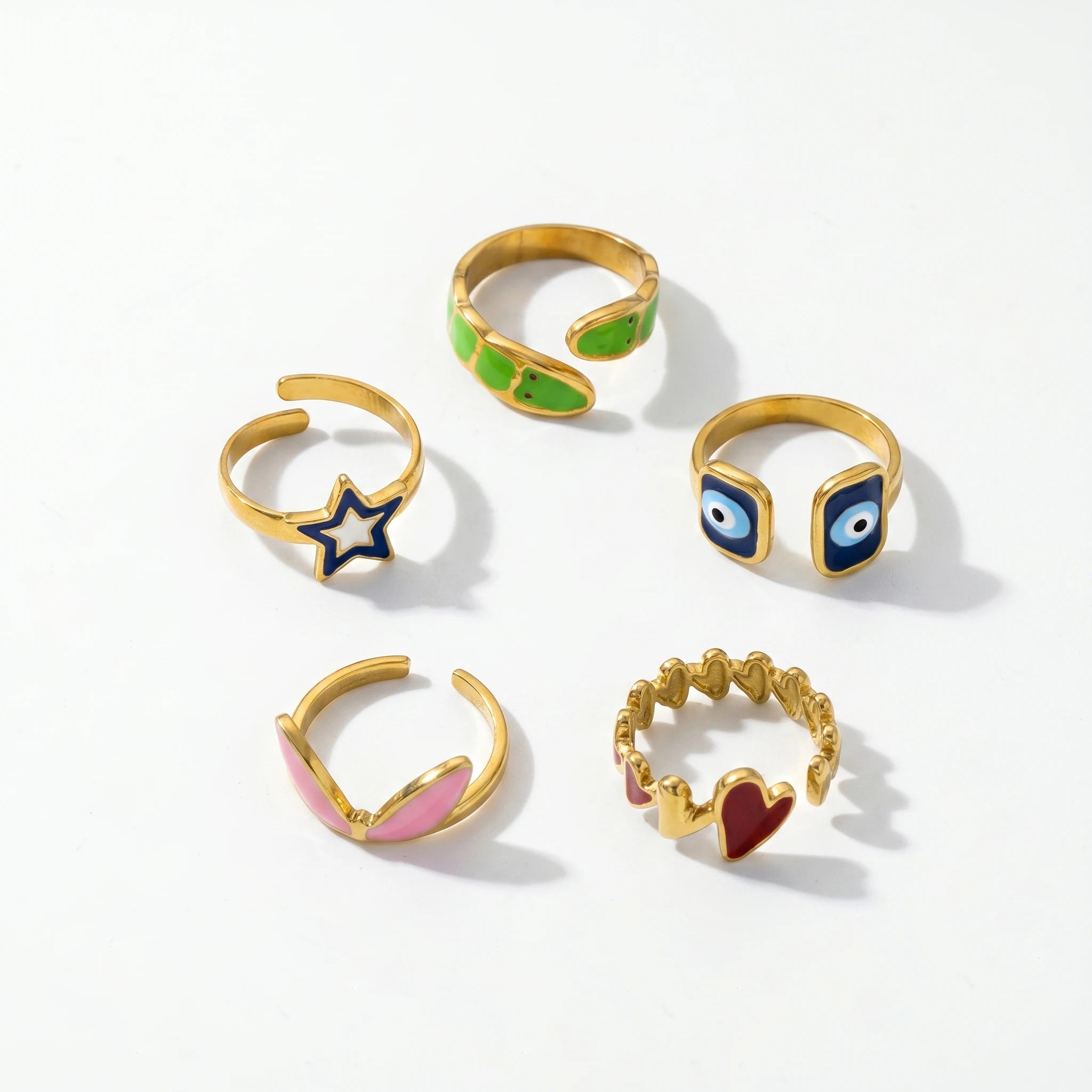 QIAOREN Stainless Steel Adjustable Eye Motif Ring Set Gold Plated Stackable CZ Turquoise Fashion Rings for Women
