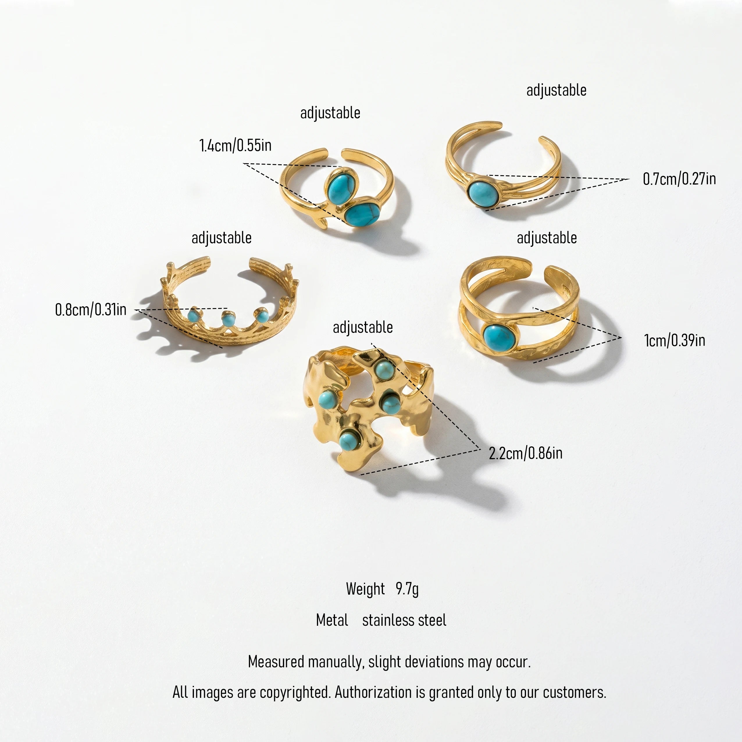 QIAOREN  5Pcs Gold Stainless Steel Turquoise Open Ring Set Irregular Hammered Crown Adjustable Boho Stackable Rings