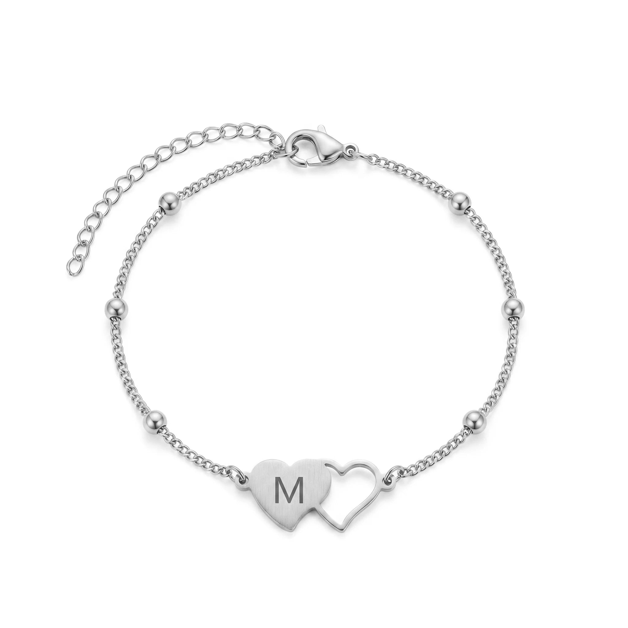 QIAOREN 10731 Stainless Steel M Heart-to-Heart Charm Bracelet Trendy 18K Gold Finish Waterproof Adjustable Unisex Chain & Link