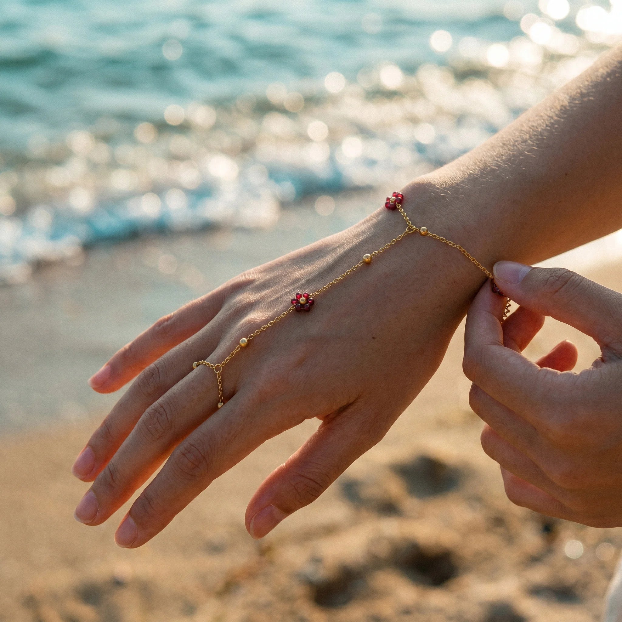 QIAOREN 10763 Dainty Red Beaded Flower Stainless Steel Finger Chain Bracelet Hand Chain for Summer