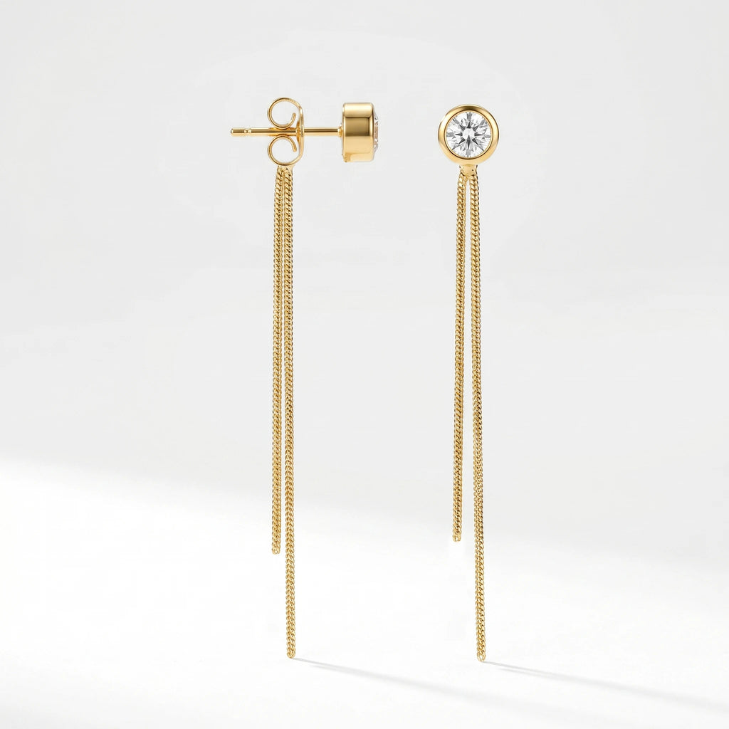 QIAOREN 10747 Sleek Geometric Tassel Drop Cuff Earrings Stainless Steel Gold Plated with Snake Chain Water-Ready