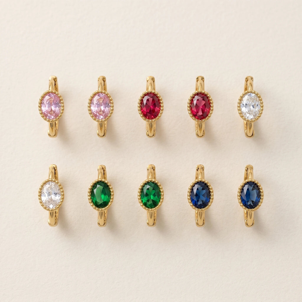 QIAOREN 12153-57 Gold Plated Stainless Steel  Earrings Multi Color Oval CZ Gemstone Hoop Jewelry for US Europe Women Party Gift