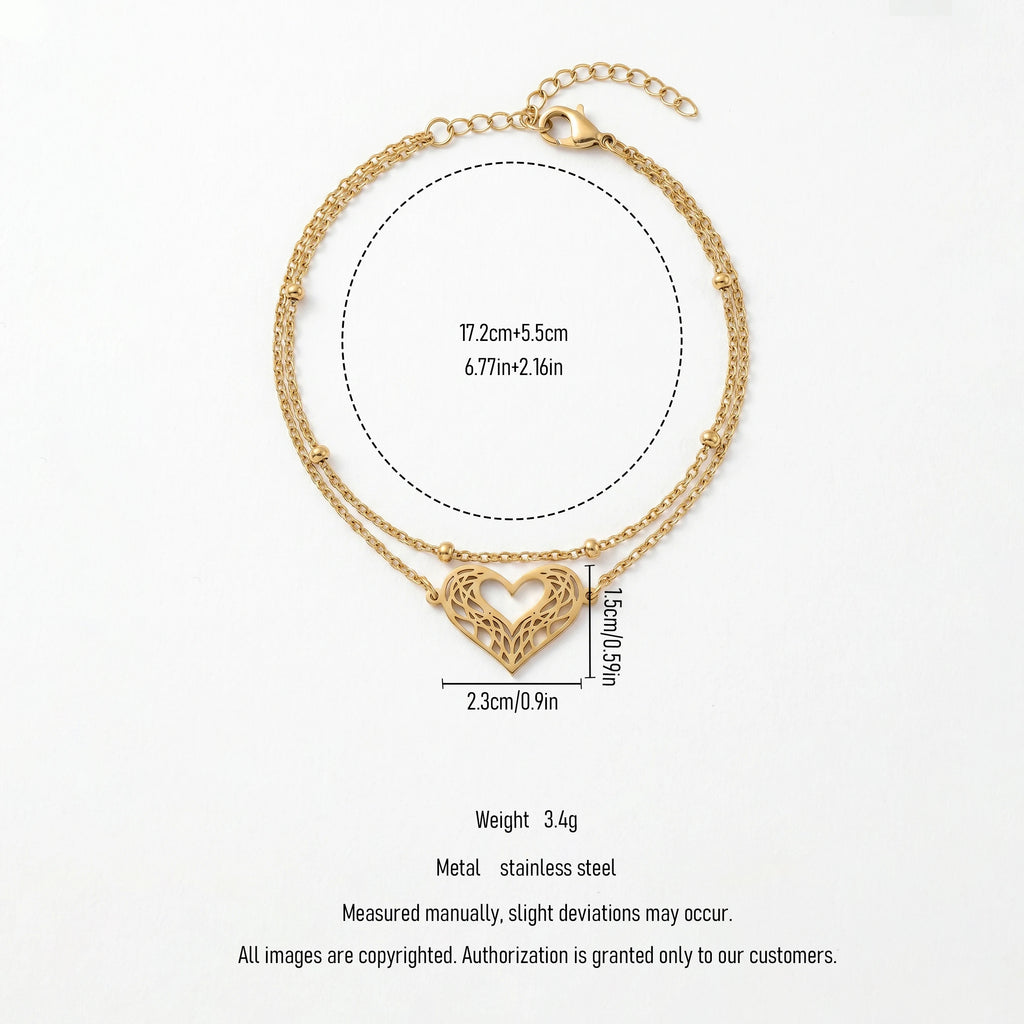 QIAOREN 11944 Trendy Filigree Heart Layered Bracelet Stainless Steel 18K Gold Plated Cutout Love Heart Satellite Chain Jewelry