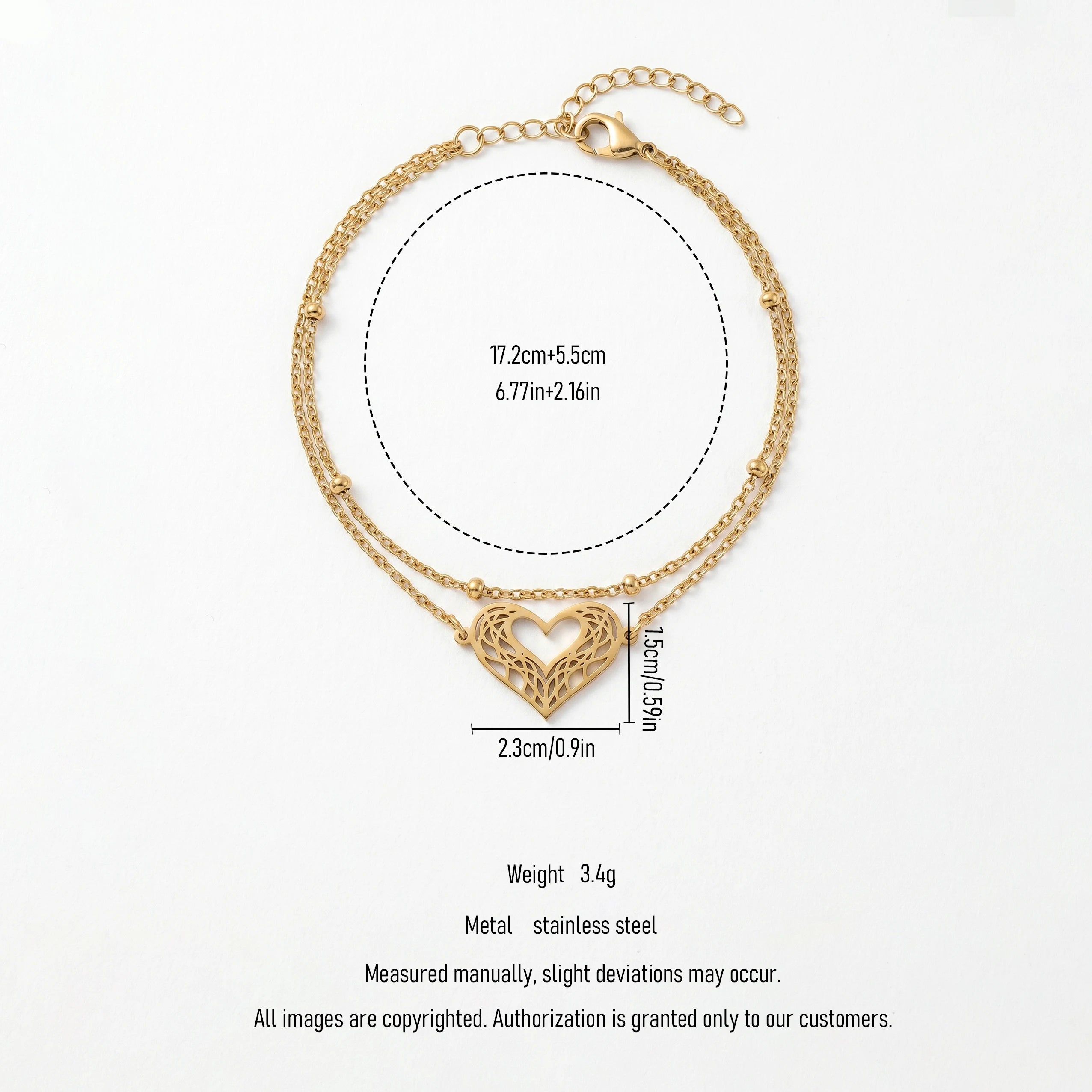 QIAOREN 11944 Trendy Filigree Heart Layered Bracelet Stainless Steel 18K Gold Plated Cutout Love Heart Satellite Chain Jewelry
