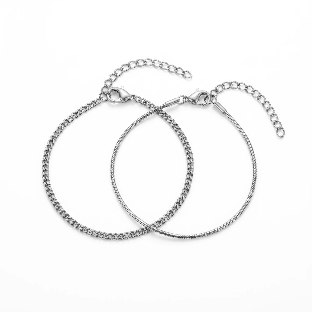 QIAOREN 10596 18K Gold Plated 2PCS Curb & Herringbone Chain Bracelet Set Stainless Steel Tarnish Free
