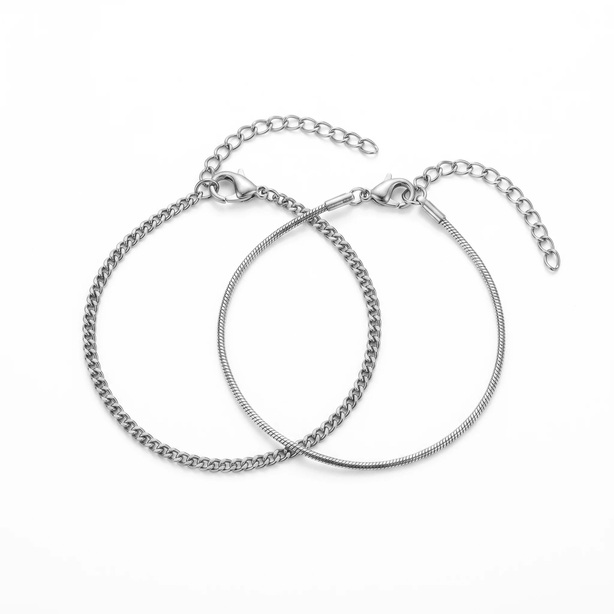 QIAOREN 10596 18K Gold Plated 2PCS Curb & Herringbone Chain Bracelet Set Stainless Steel Tarnish Free