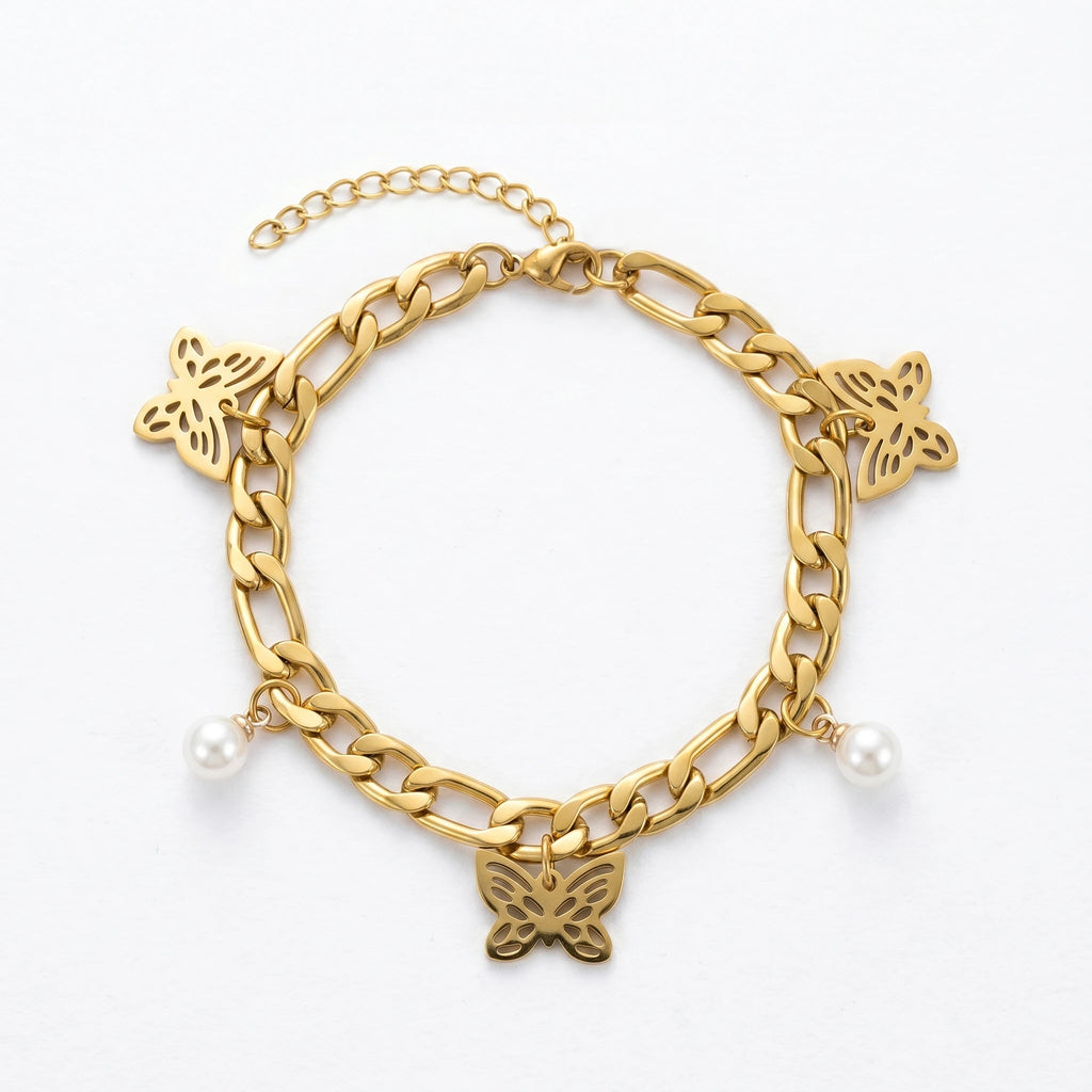 QIAOREN 11063 Trendy Butterfly Pearl Bracelet for Women Waterproof Stainless Steel Gold Cuban Link Chain Fashion Jewelry
