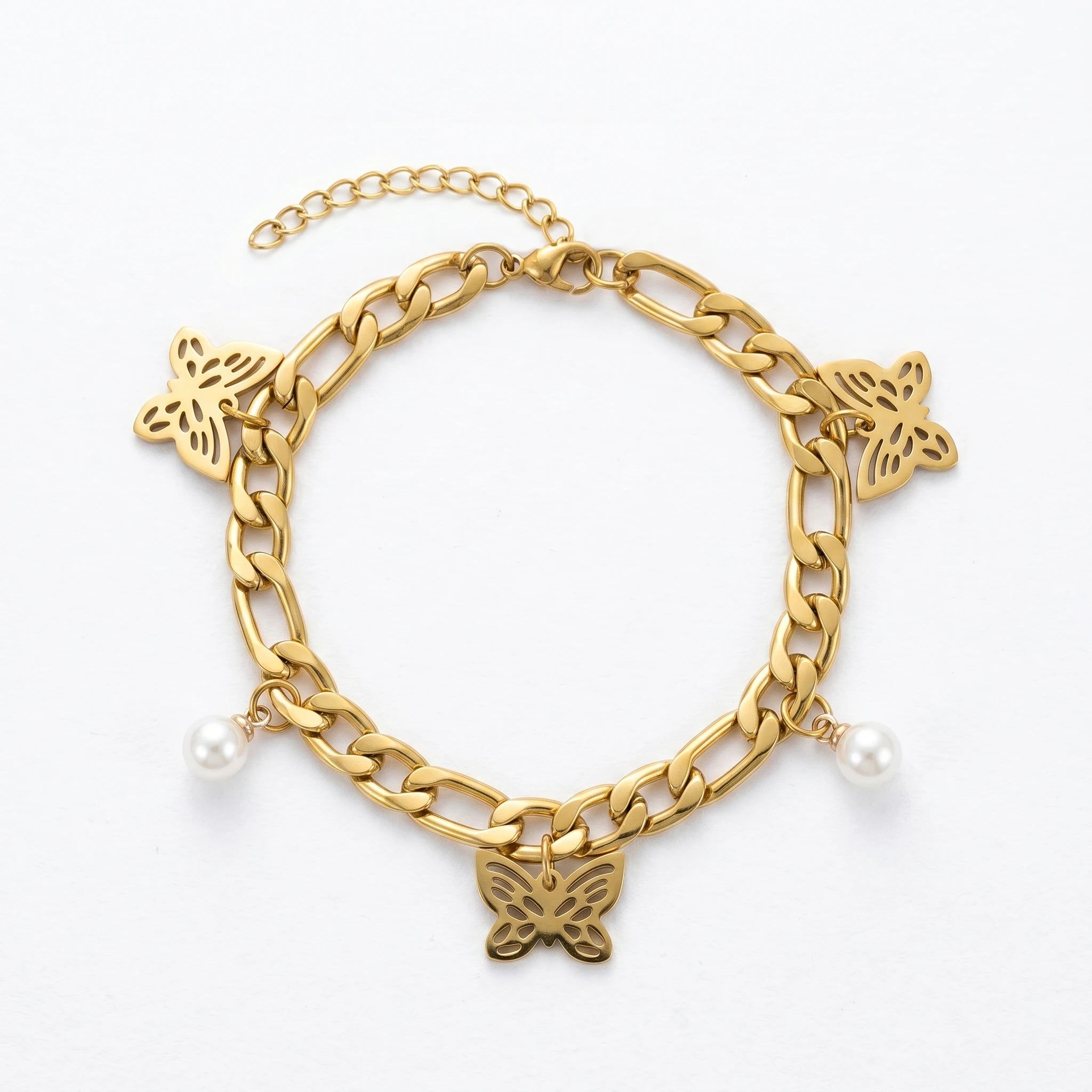 QIAOREN 11063 Trendy Butterfly Pearl Bracelet for Women Waterproof Stainless Steel Gold Cuban Link Chain Fashion Jewelry