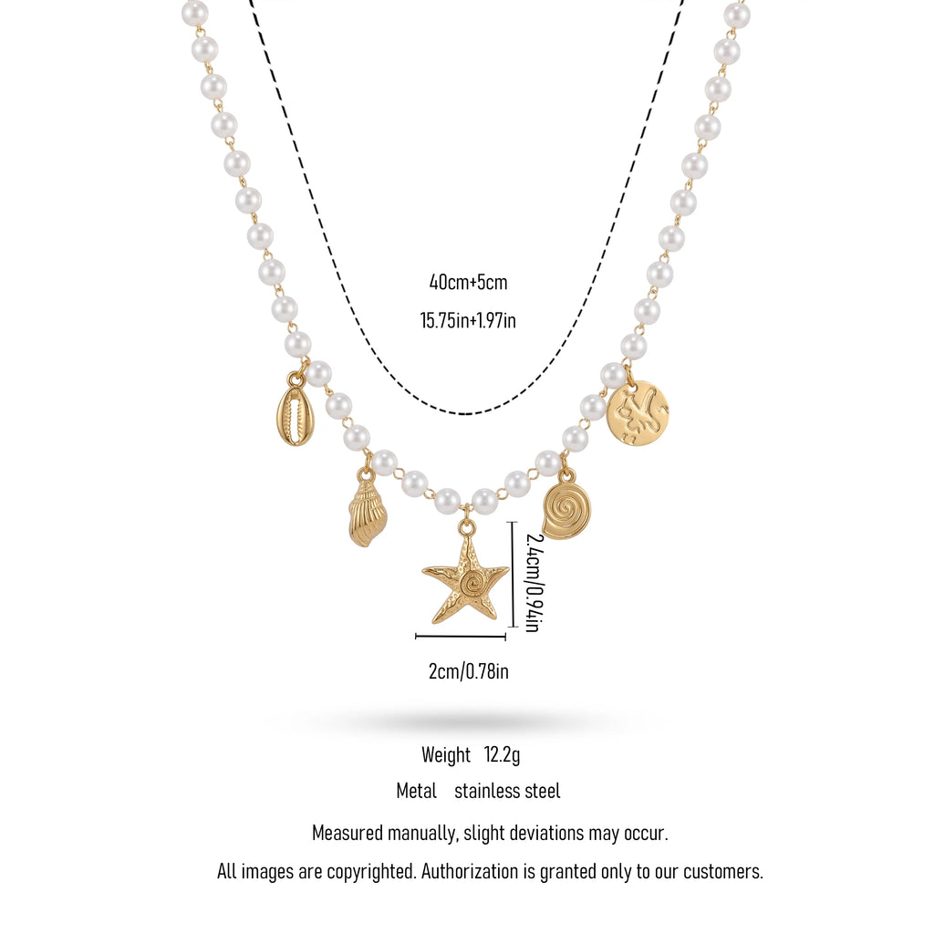 QIAOREN 11293 18K Gold Plated Pearl Choker Necklace With Ocean Charms Stainless Steel Tarnish Free Waterproof Jewelry